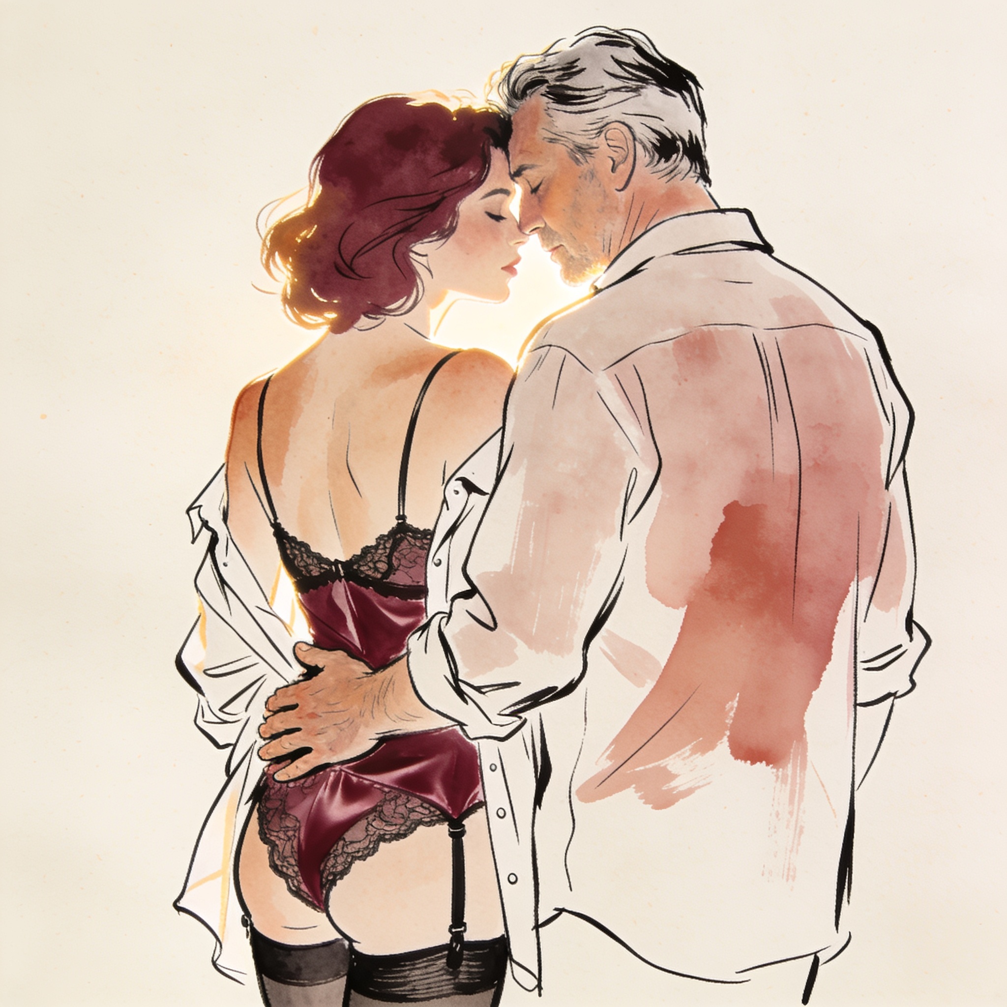 A man holds a woman from behind, their foreheads touching in a sunlit room.
