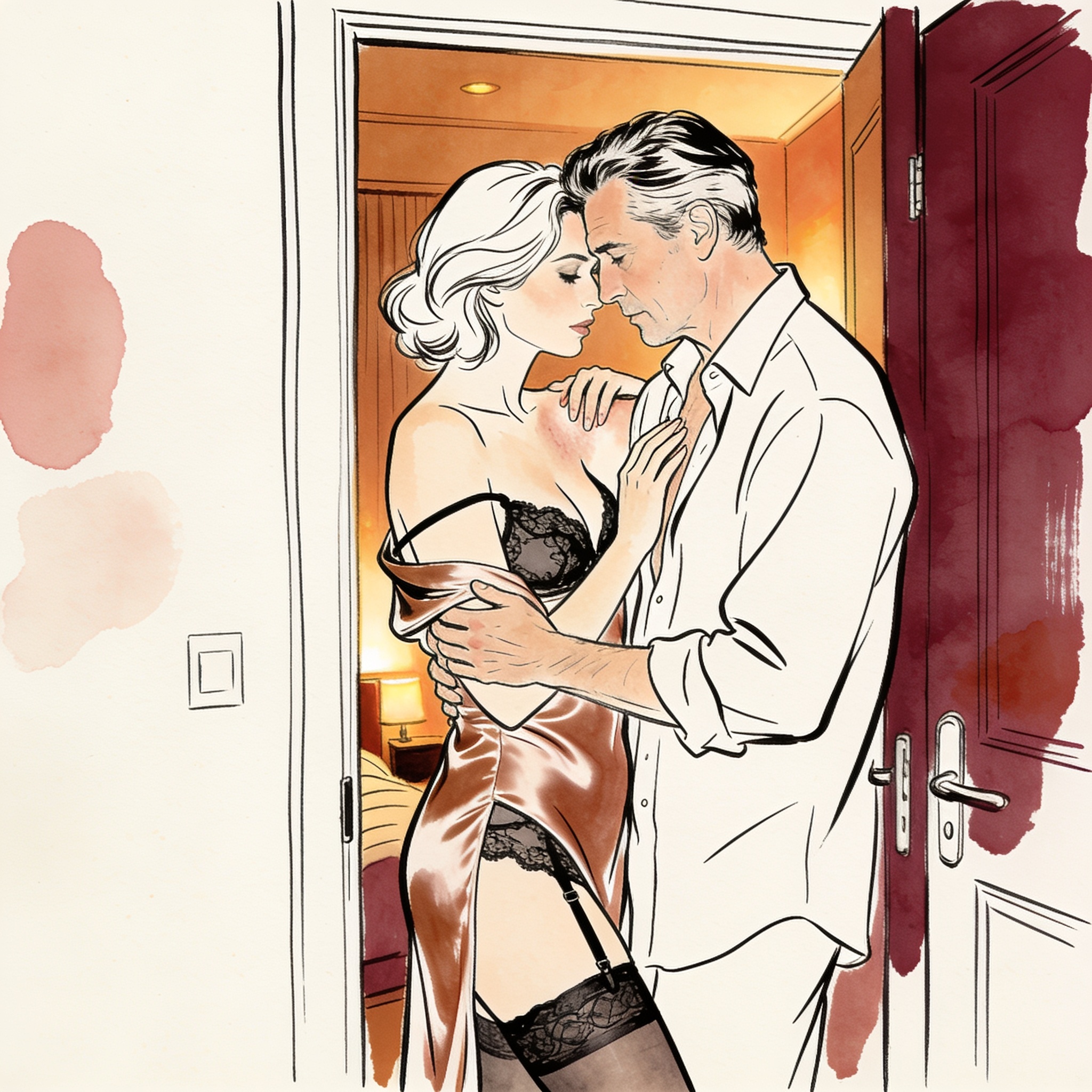 A couple in intimate, close embrace by a door, foreheads touching, with a slipped camis...