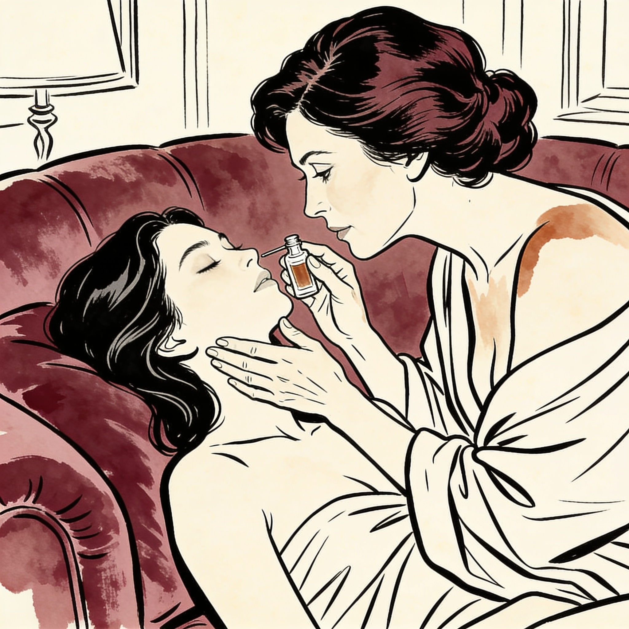 Mother holds a vial near her daughter's face, their foreheads close in tense intimacy.
