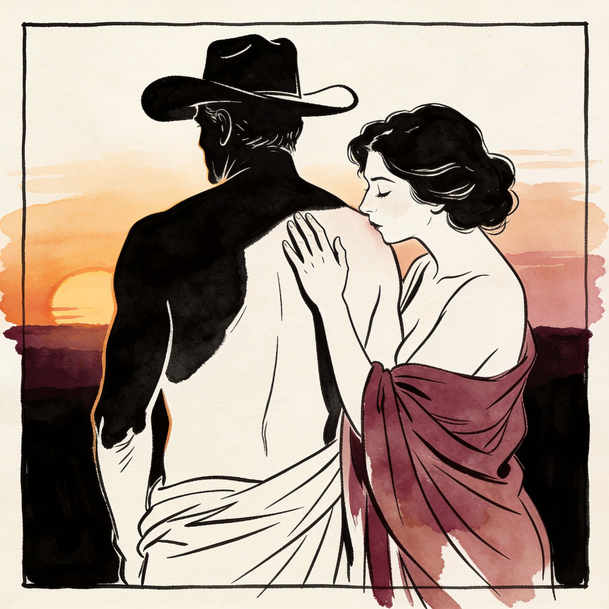 Woman touches a cowboy's shoulder from behind at sunset.
