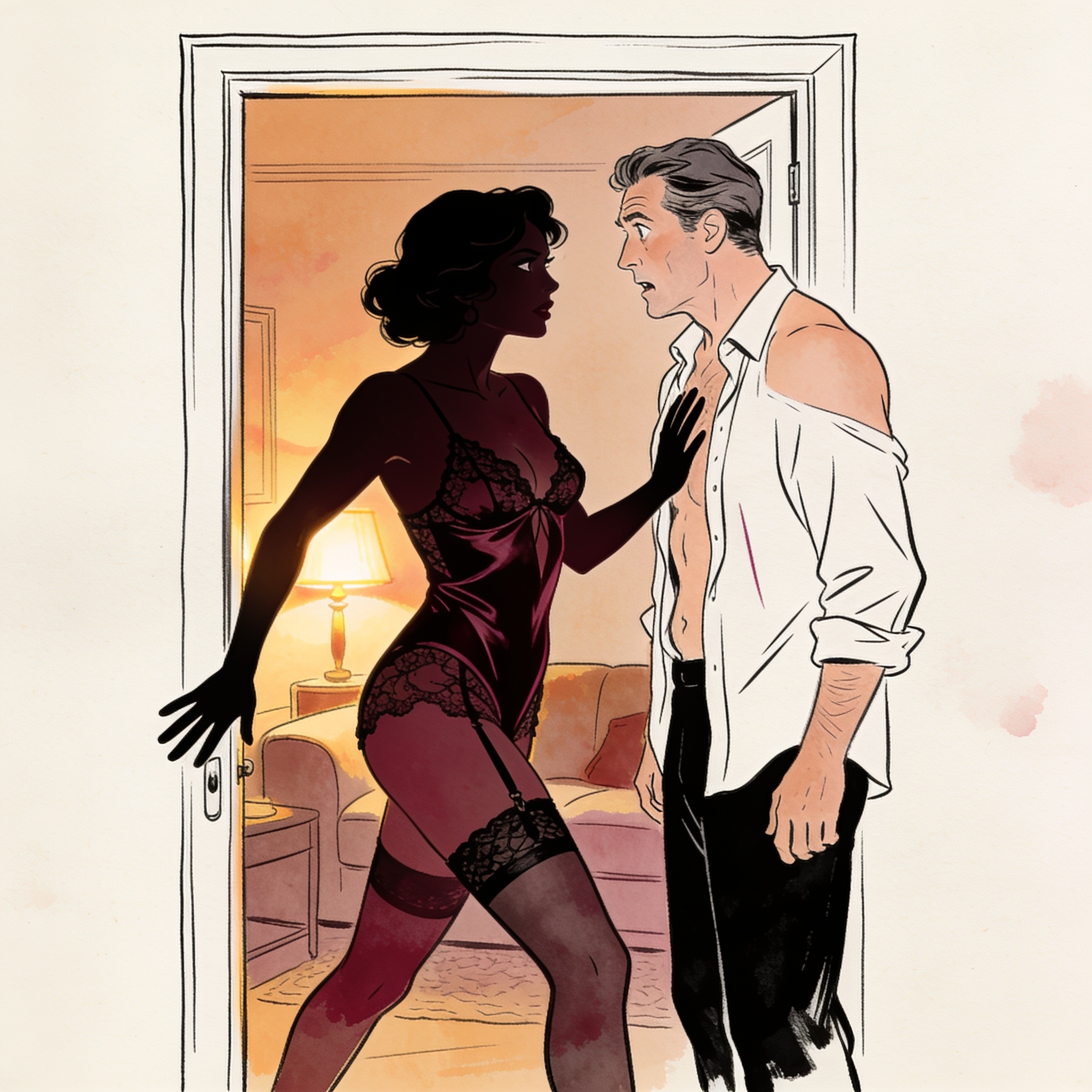 A confident woman in lace lingerie presses a hand against a man's chest, her gaze intense.