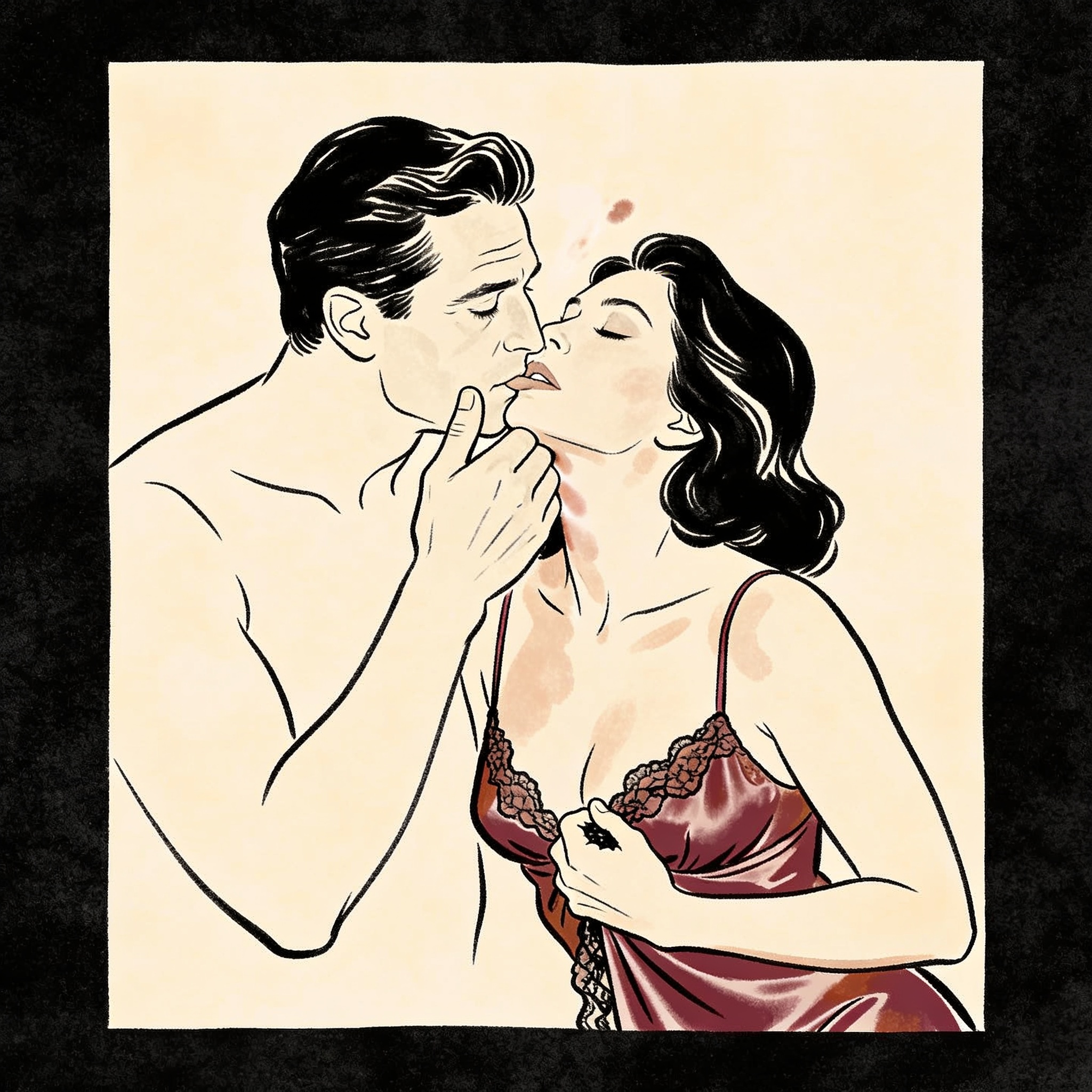 A woman in a lace slip, eyes closed, her husband's hand on her face as she recalls a se...