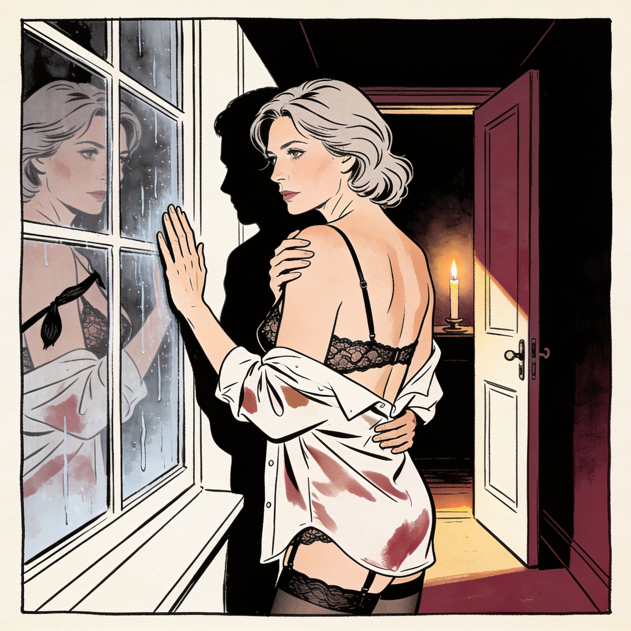 Illustration of a woman watching from a corridor, her hand on a windowpane, a bedroom d...