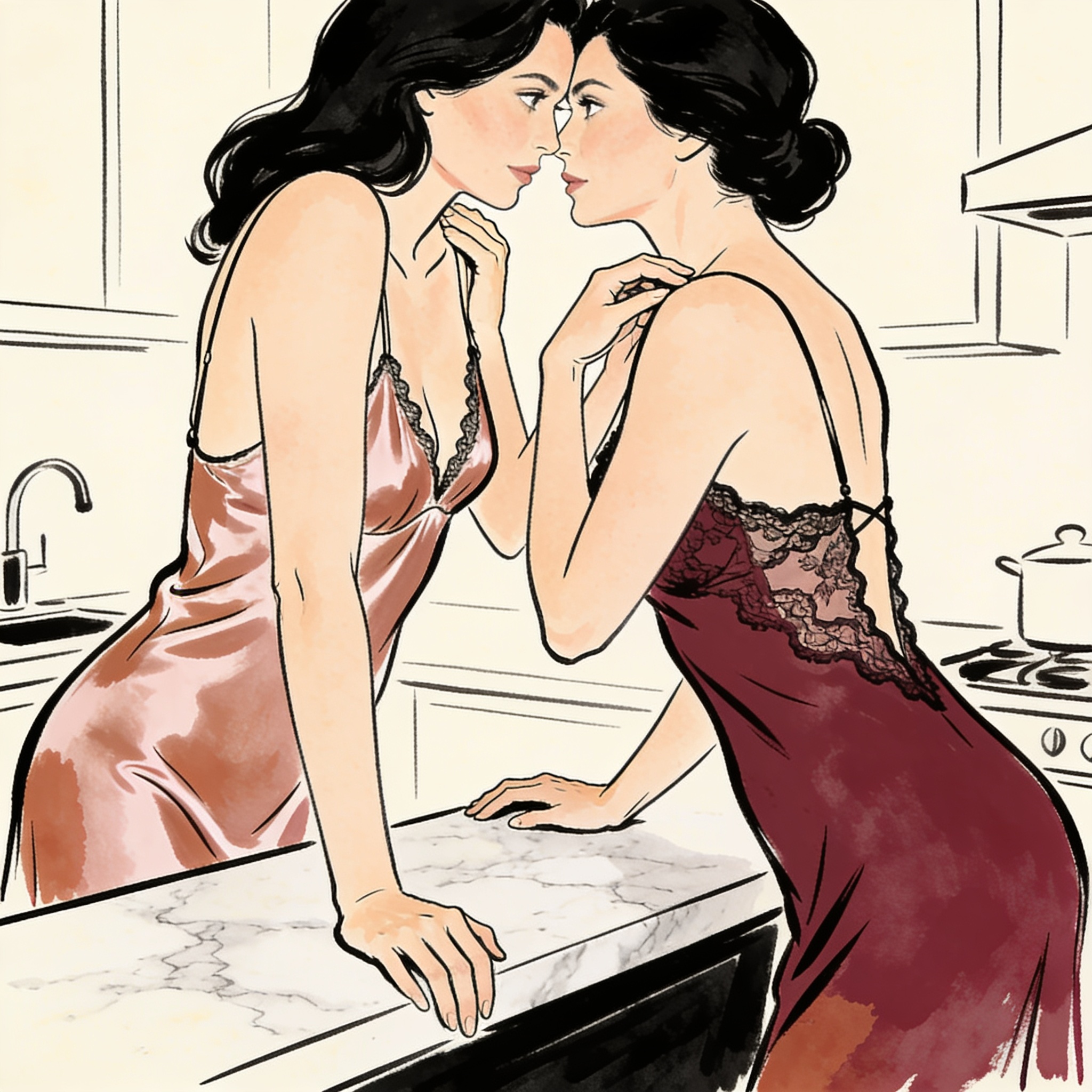 A tender, charged moment between two women in a sunlit kitchen, their intimate gaze spe...