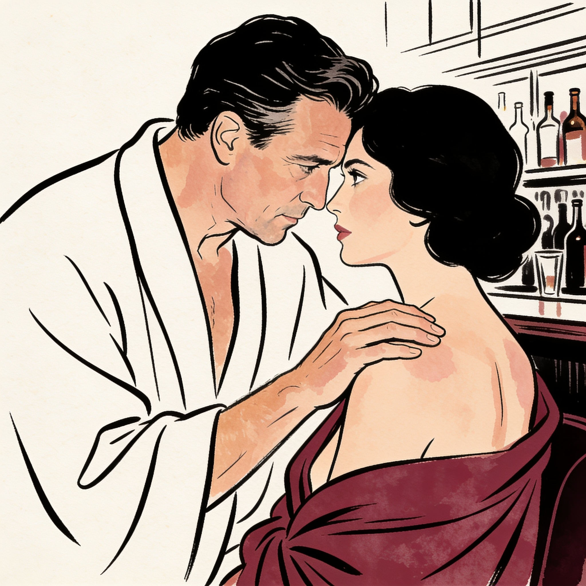 A man and woman, foreheads almost touching, in a dimly lit bar. Her robe slips from her...