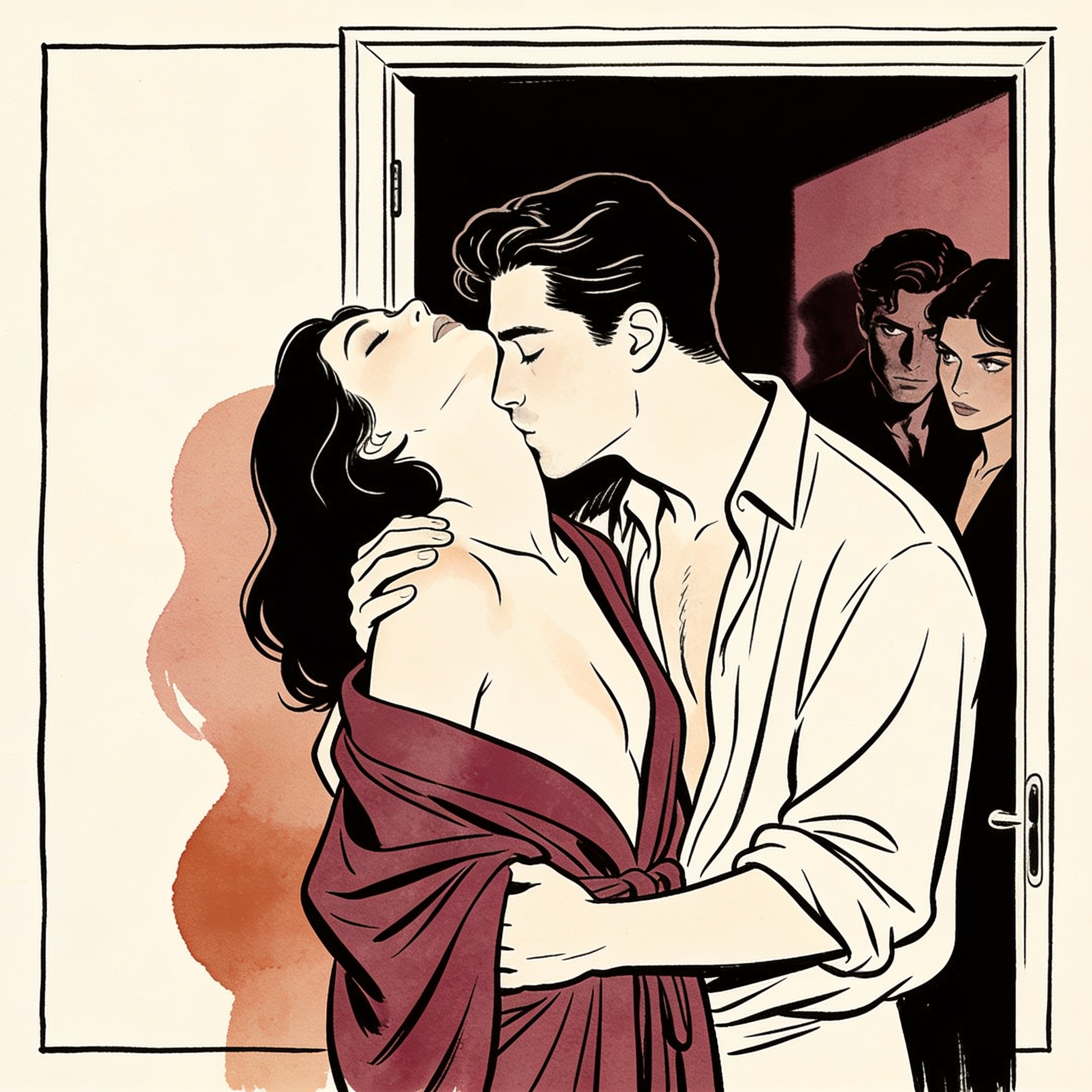 Man kisses woman's shoulder as another couple watches, tension thick in a beach bungalo...