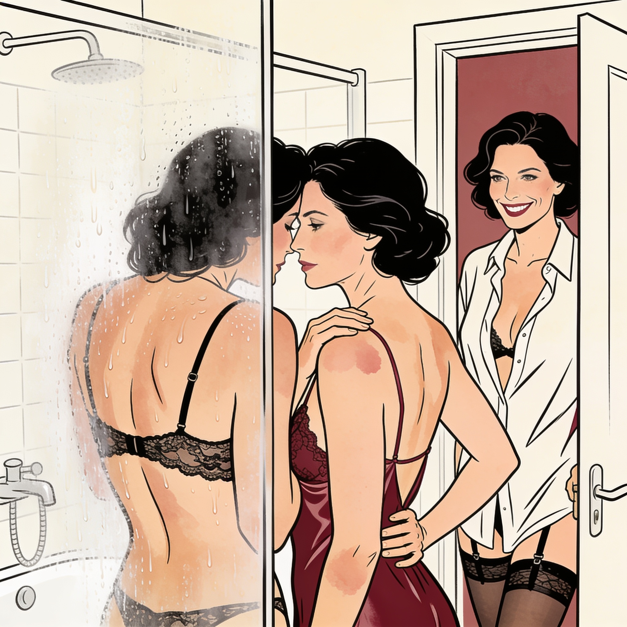 A woman in lingerie leans against a steamy shower door, observed from the doorway.