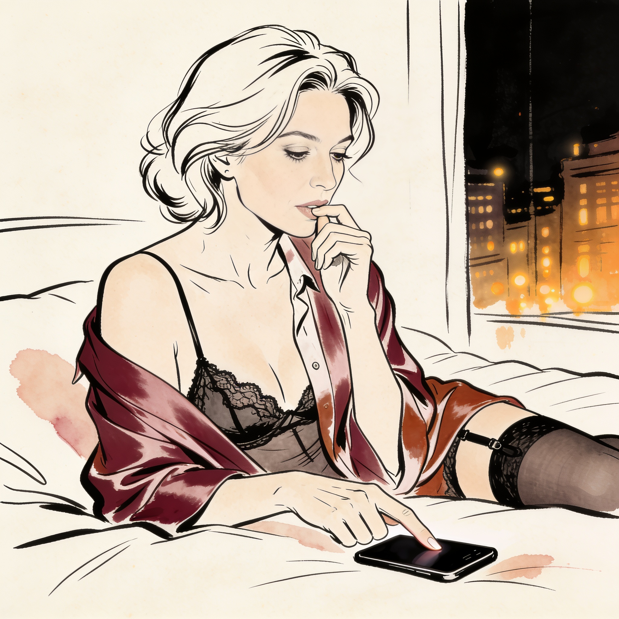 A woman in a silk robe, bathed in city light, hesitates before a glowing laptop.