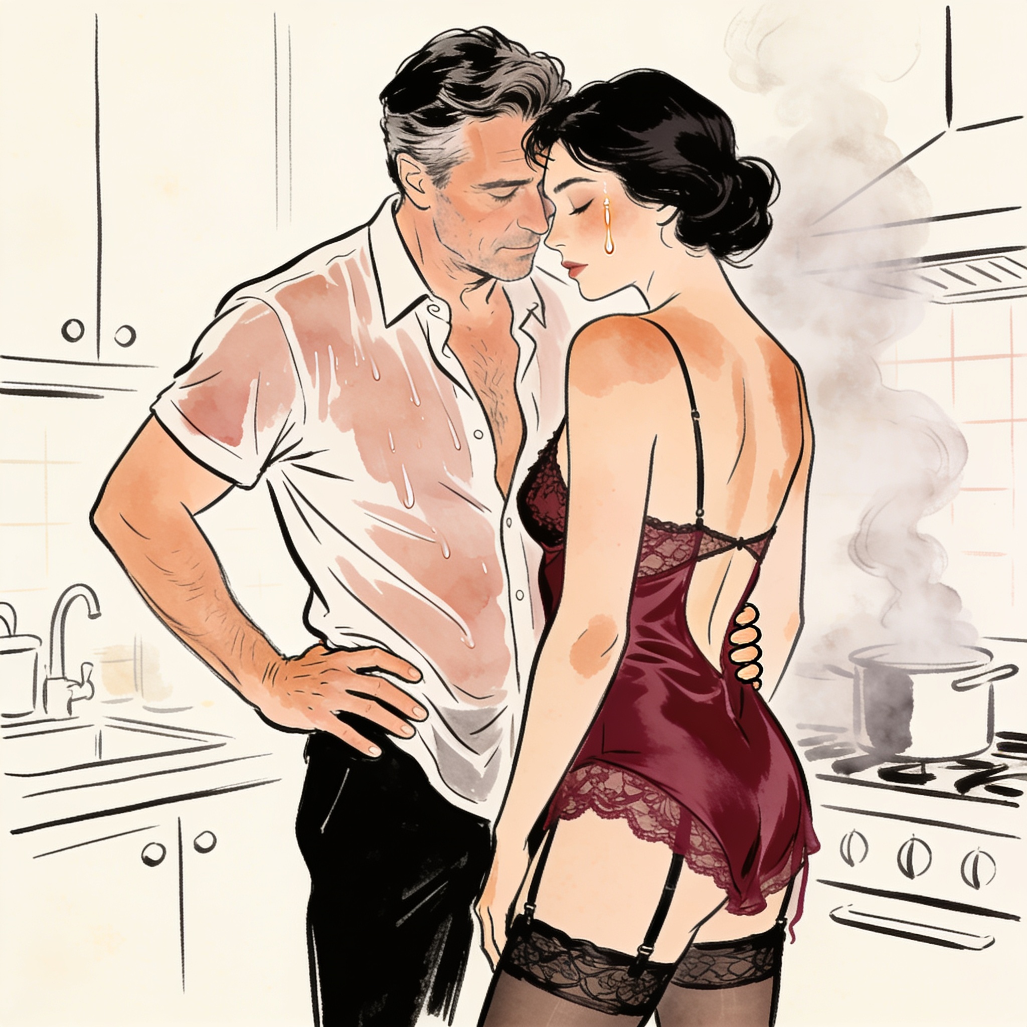 Two figures embrace intimately in a steamy kitchen, foreheads touching, emotion palpable.