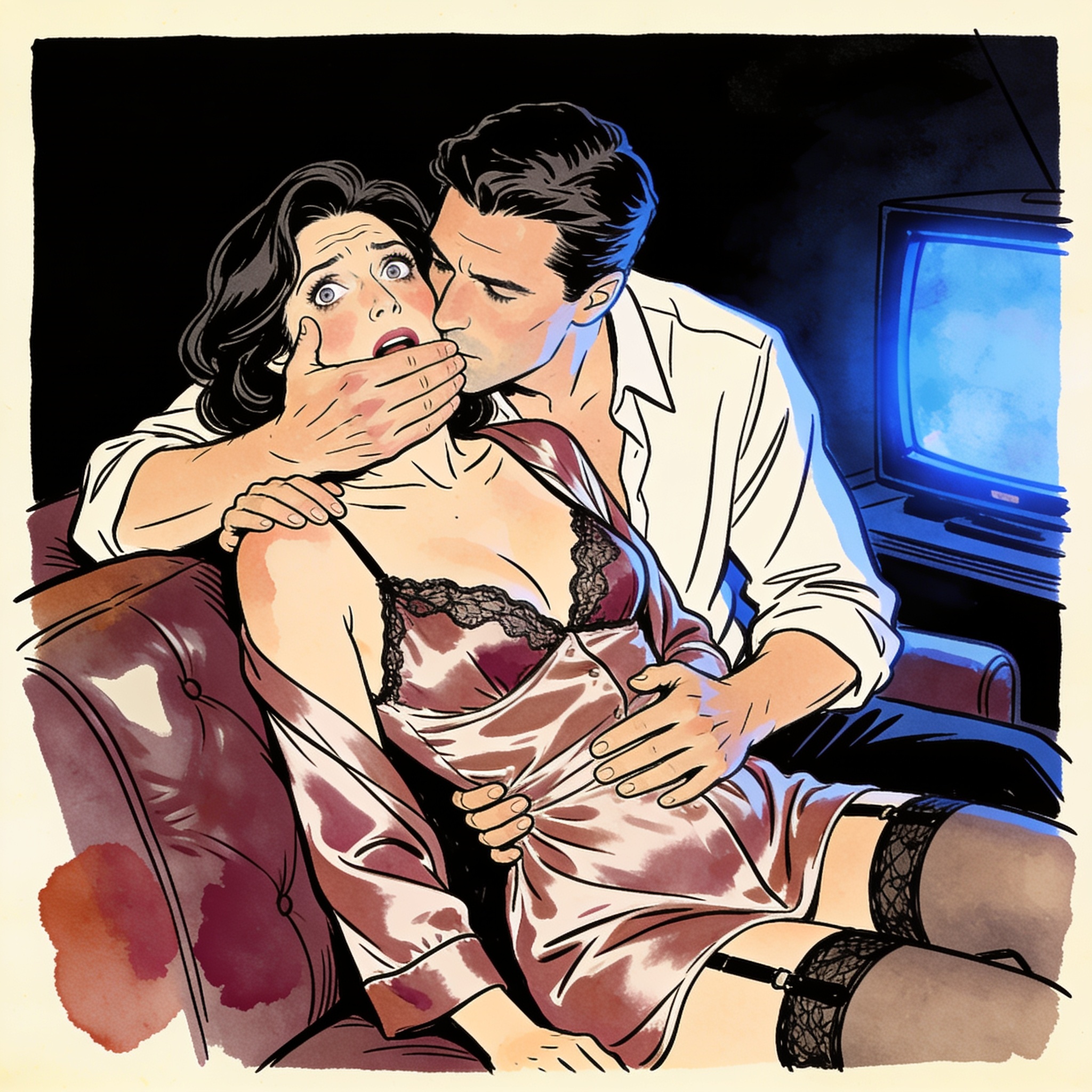 A woman is held in a tense, intimate struggle on a couch in dim blue light.