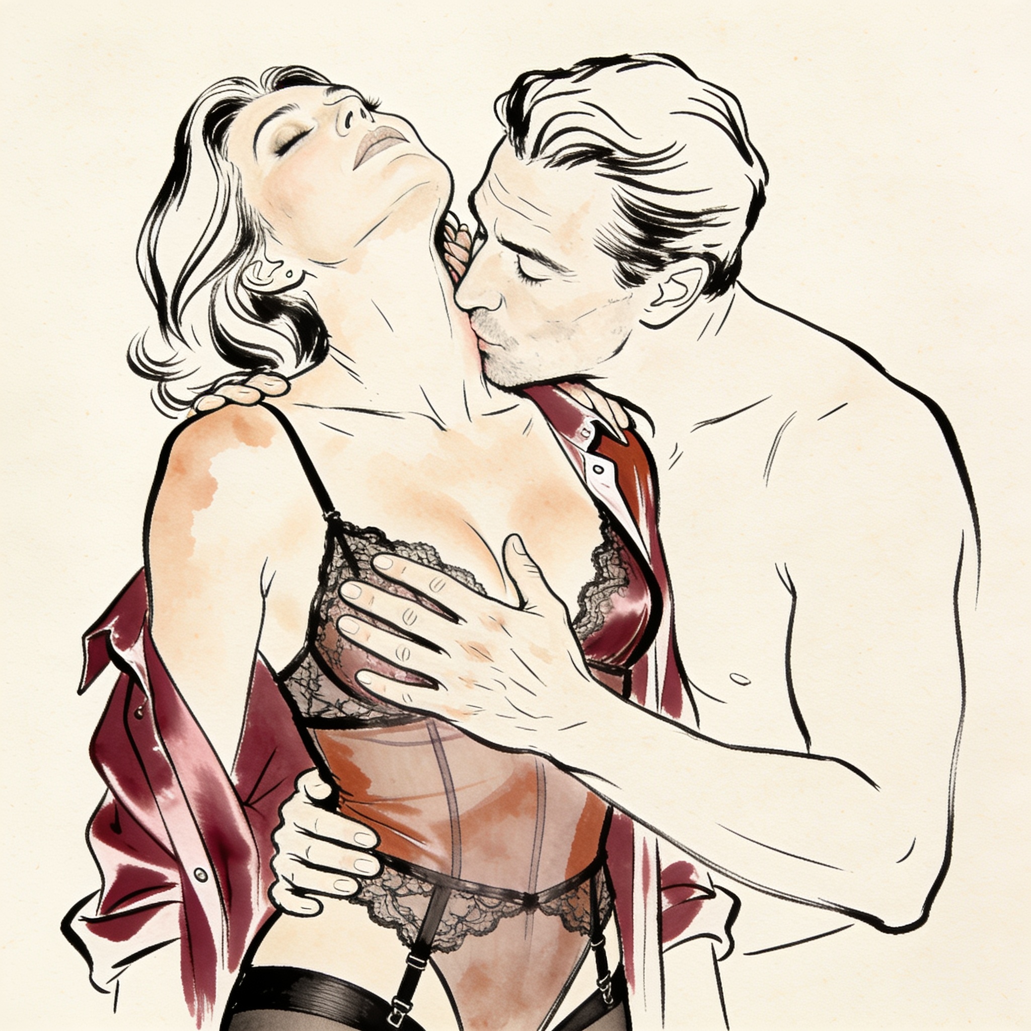 A woman leans back against a man, his hand on her chest, their faces close in a tender ...