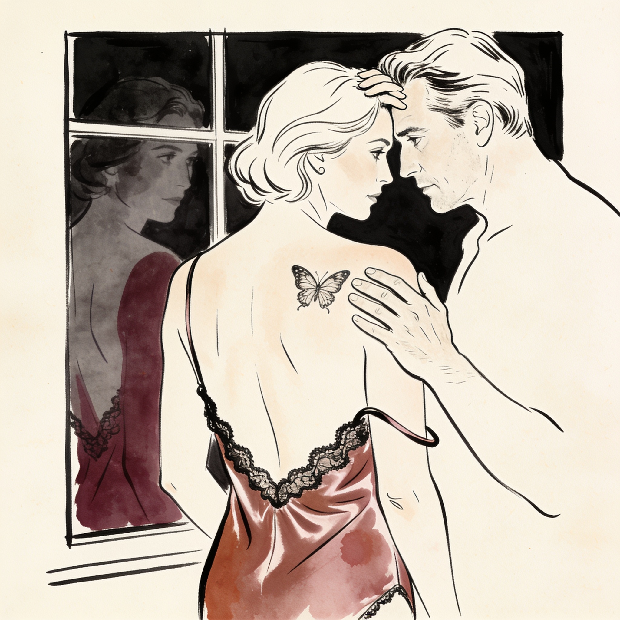 Woman in a silk slip whispers to a man behind her, his hand on her bare shoulder, their...