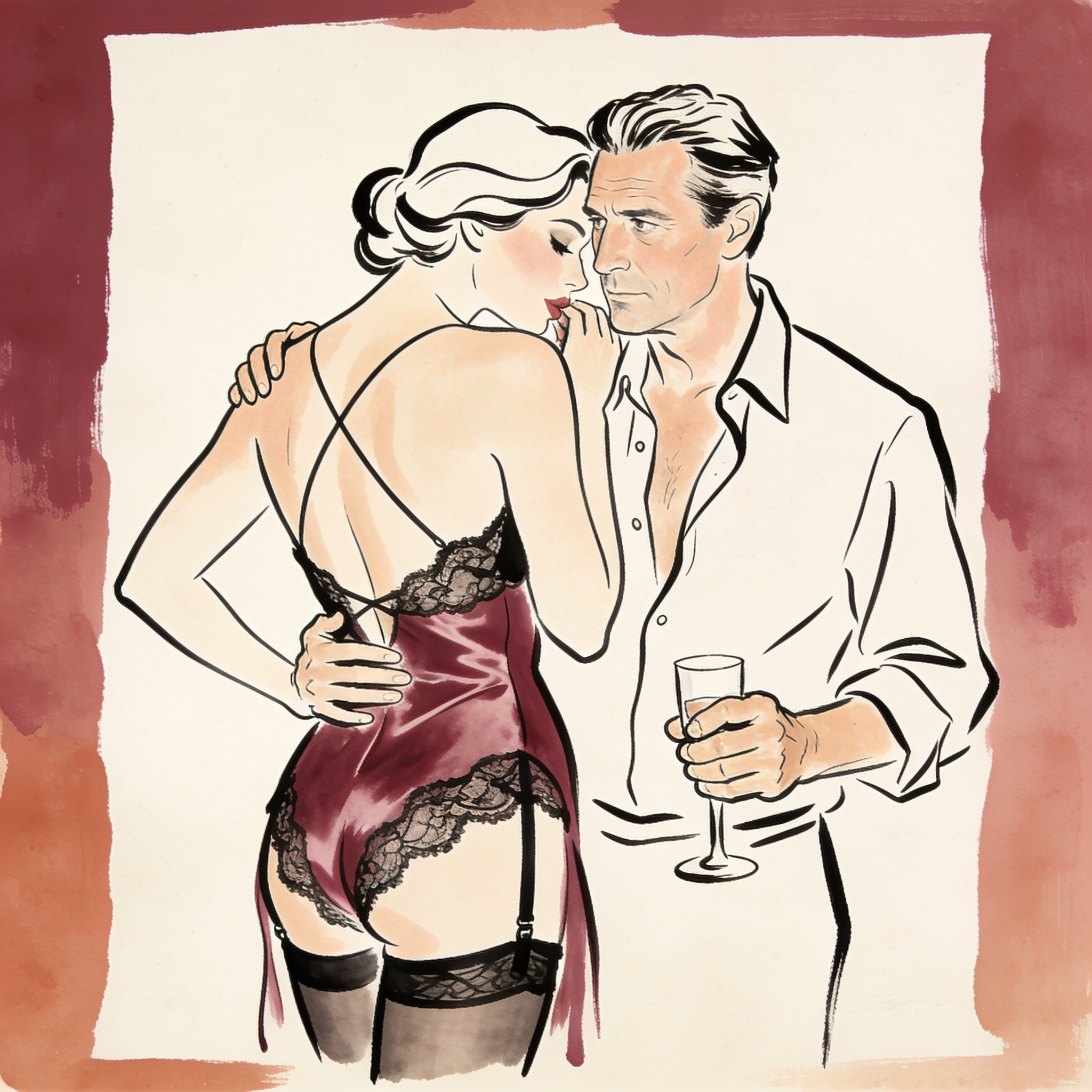 A man in an unbuttoned shirt watches his wife whispering to a woman in a lace bodysuit ...