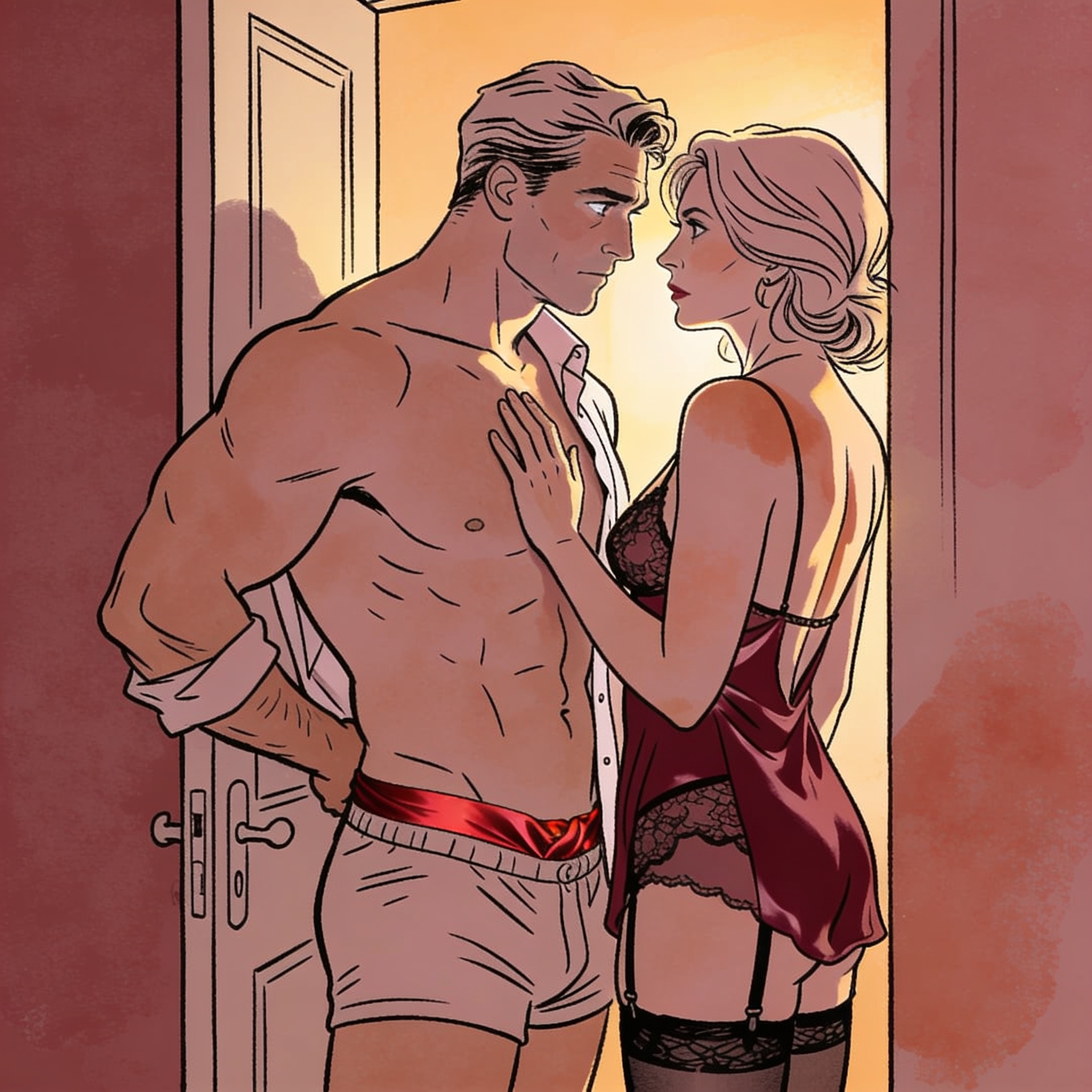 A tense, intimate scene where a woman's gaze and scarlet silk redirect an intruder's at...