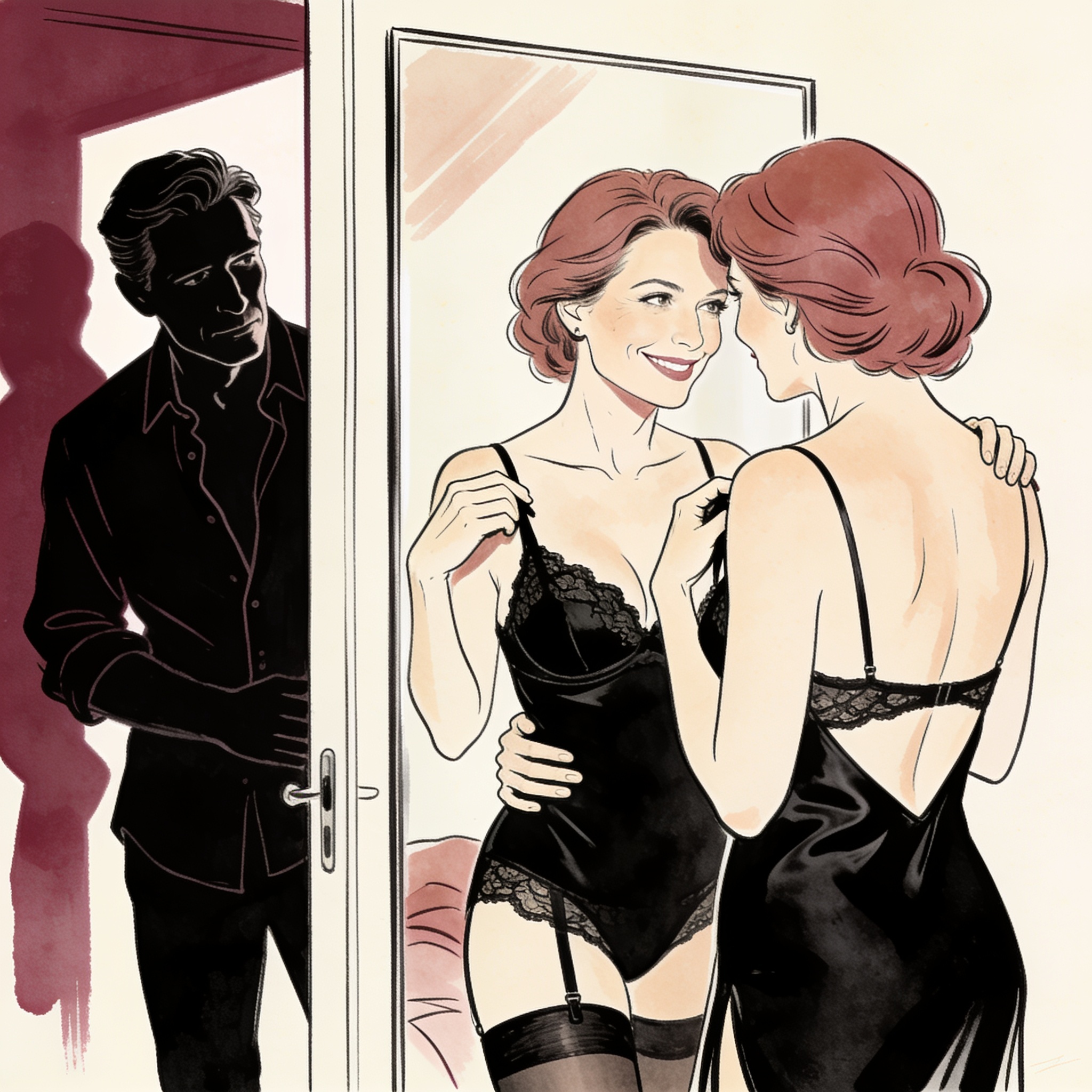Woman in black lace lingerie admires herself in mirror, watched by partner.