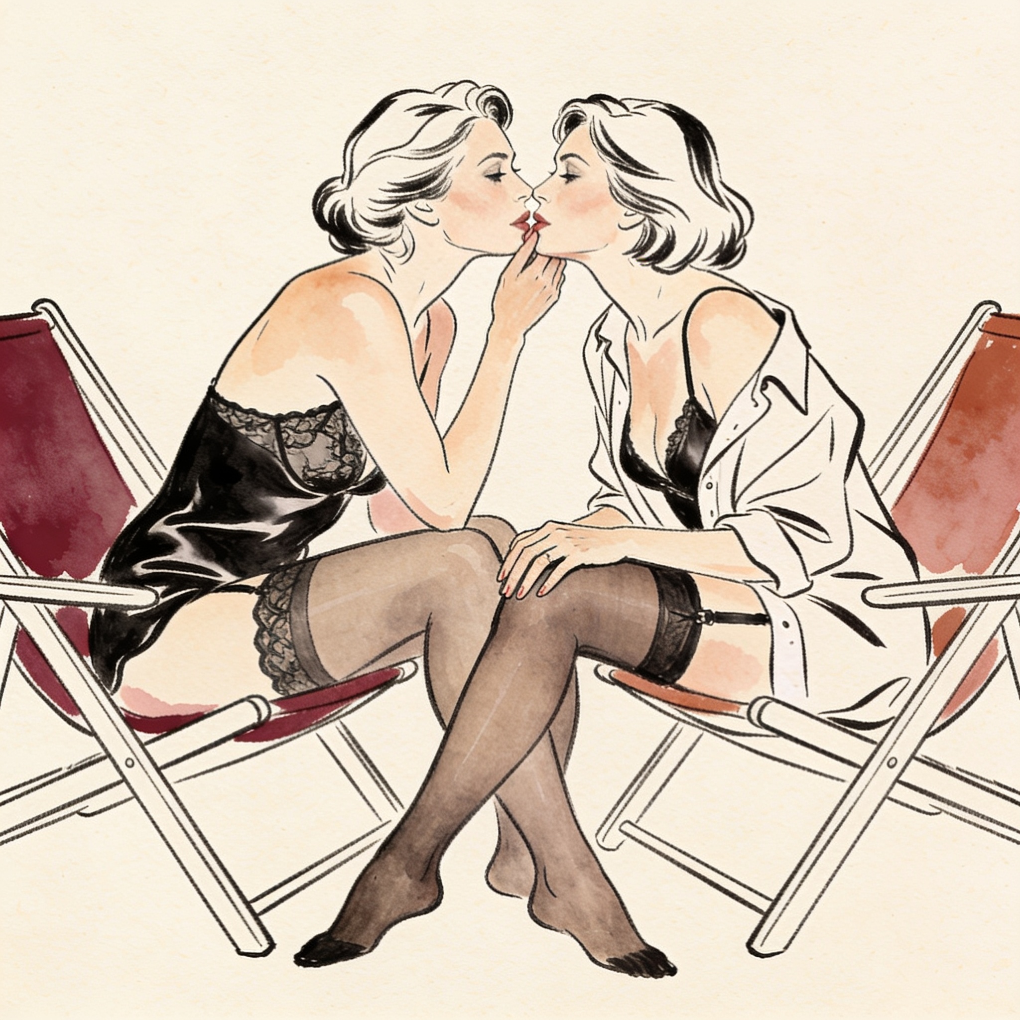 Two women in lingerie, seated close, exchange an intimate glance.