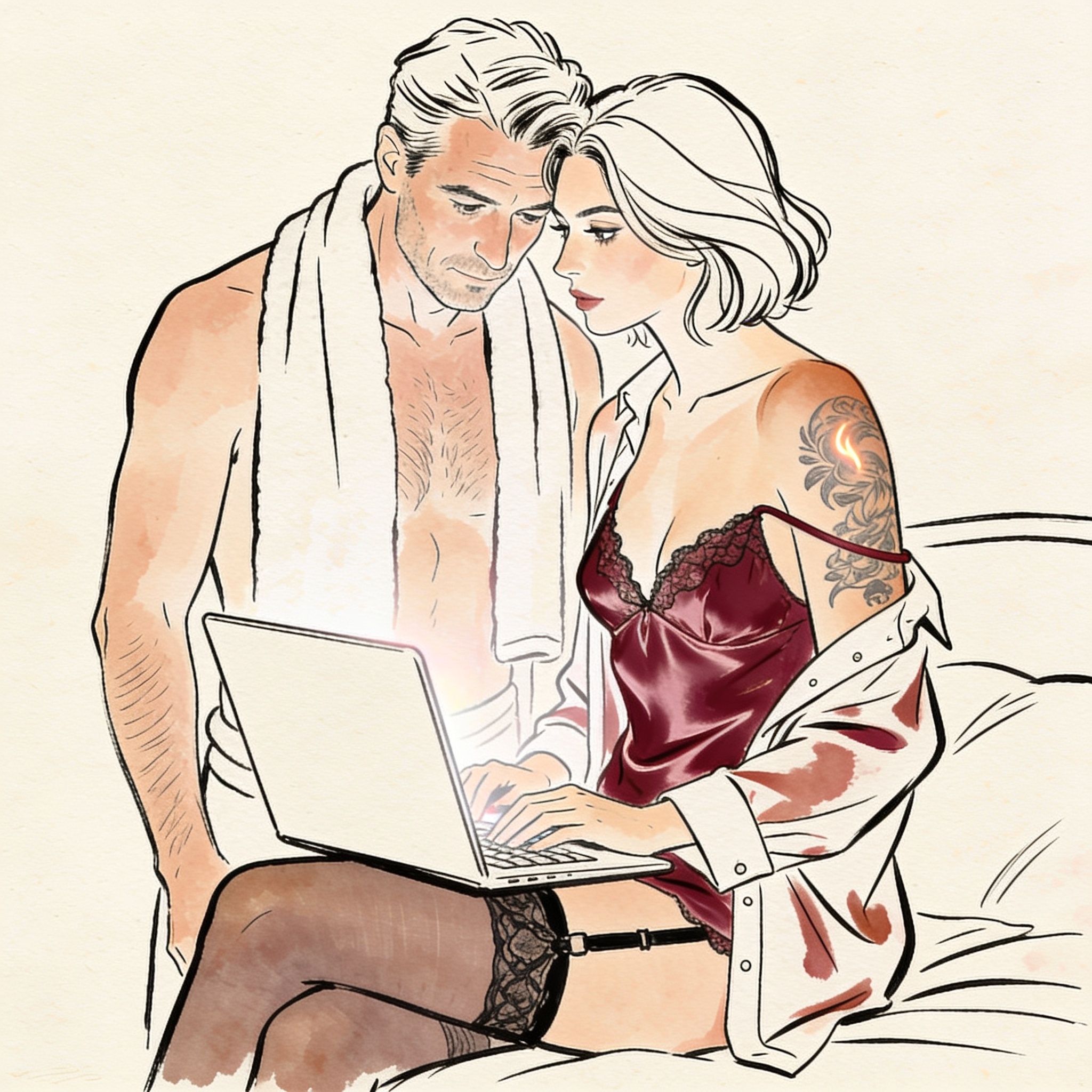 Couple in dim room, charged gaze across space, her slip strap down.