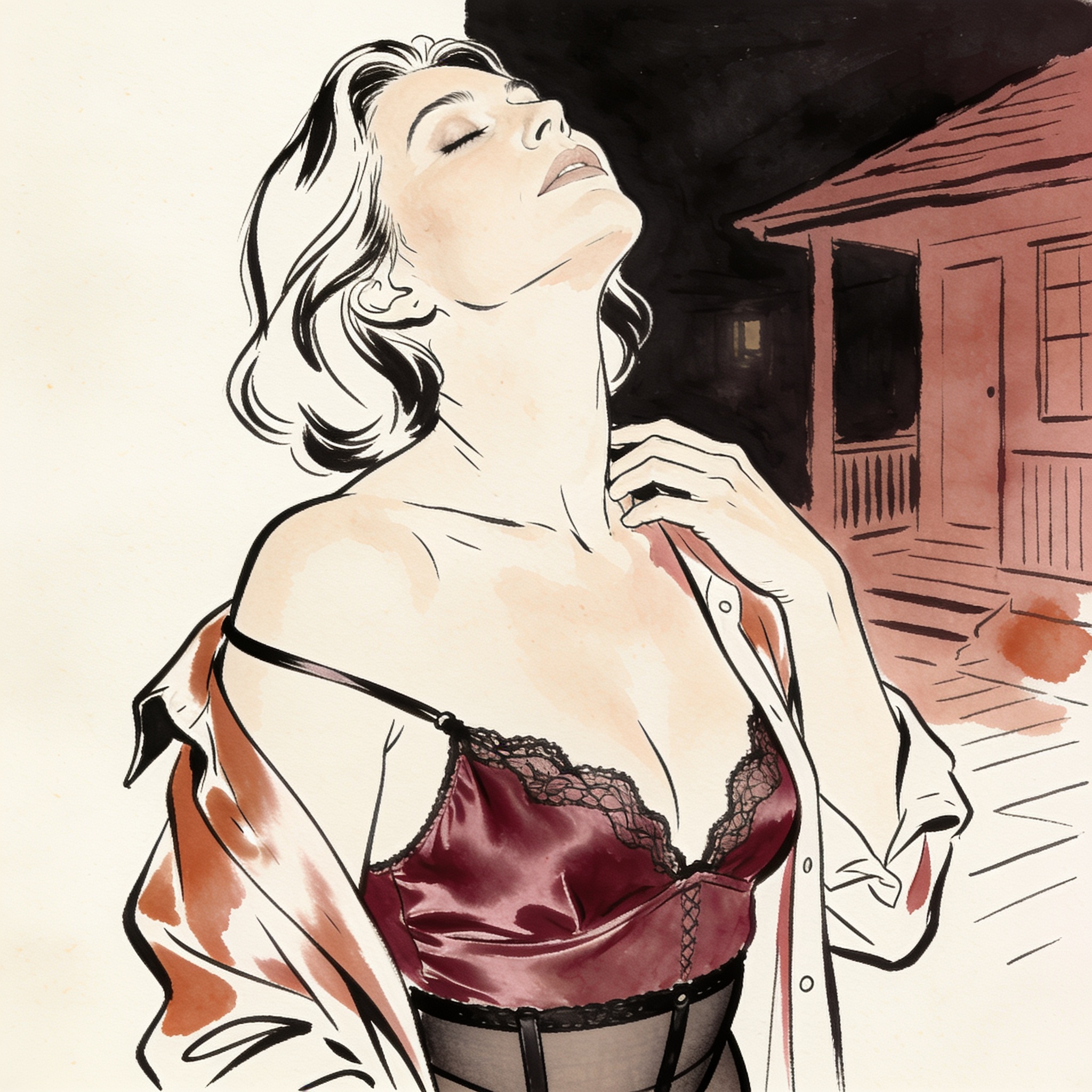 A woman's fingers brush her shoulder, lost in private yearning in a shadowy room.