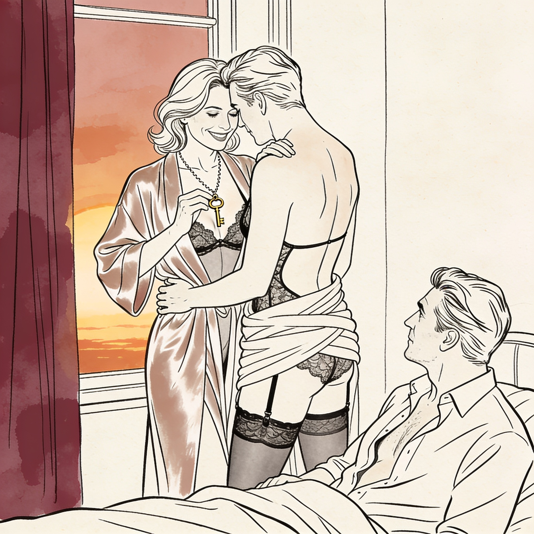 A woman in a silk robe holds a key on a necklace as a man watches her from a bed.