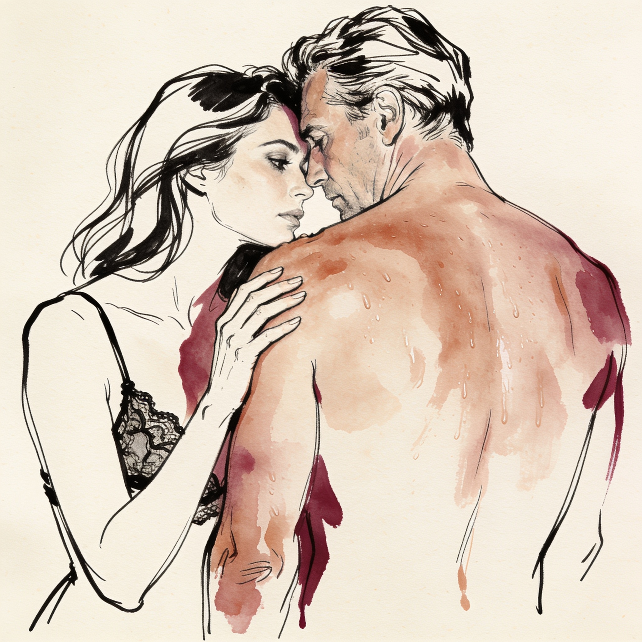 Close-up of a woman's face near a man's bare, muscular back, her expression full of des...