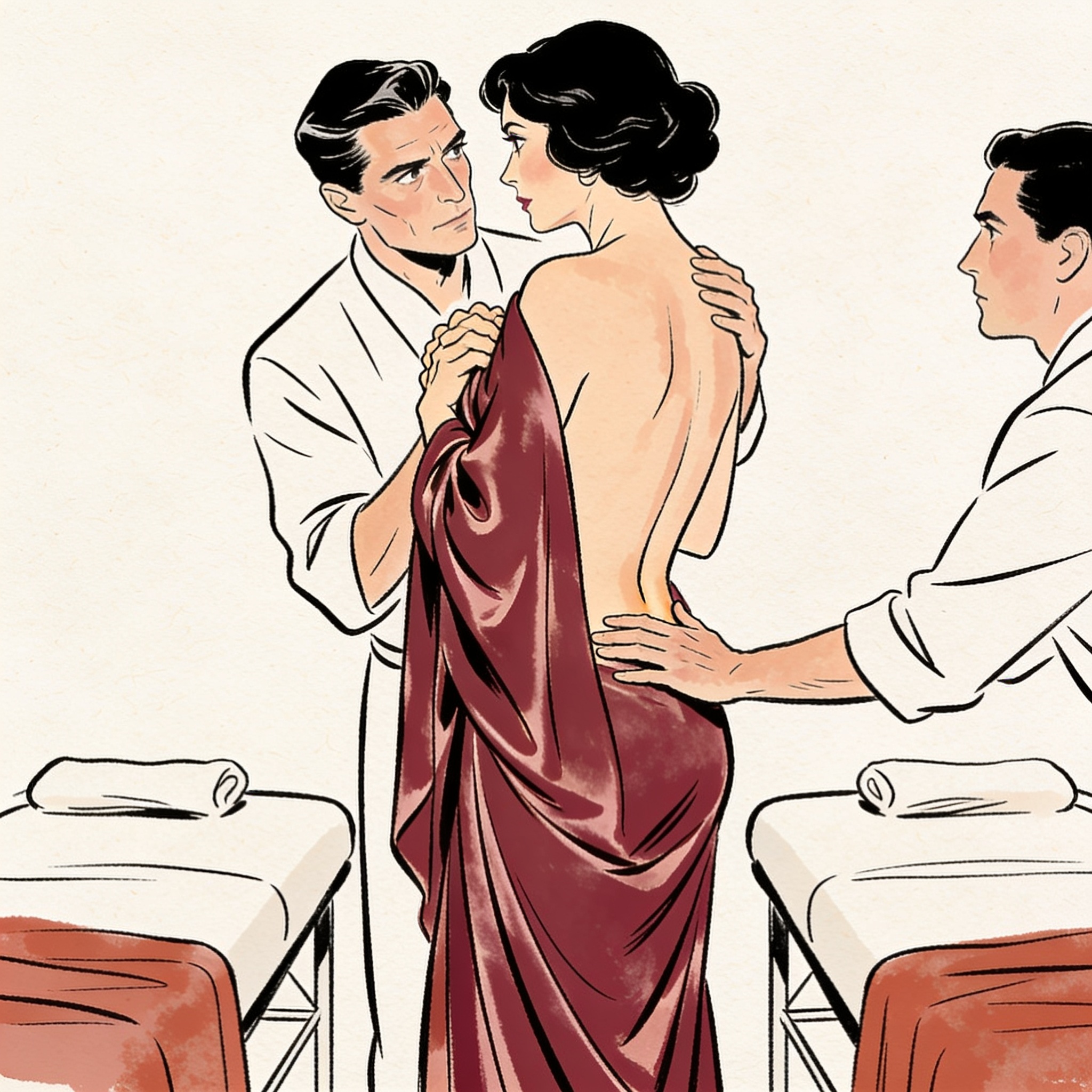 A woman pauses between two masseurs in an amber-lit spa room, tension in their silent g...