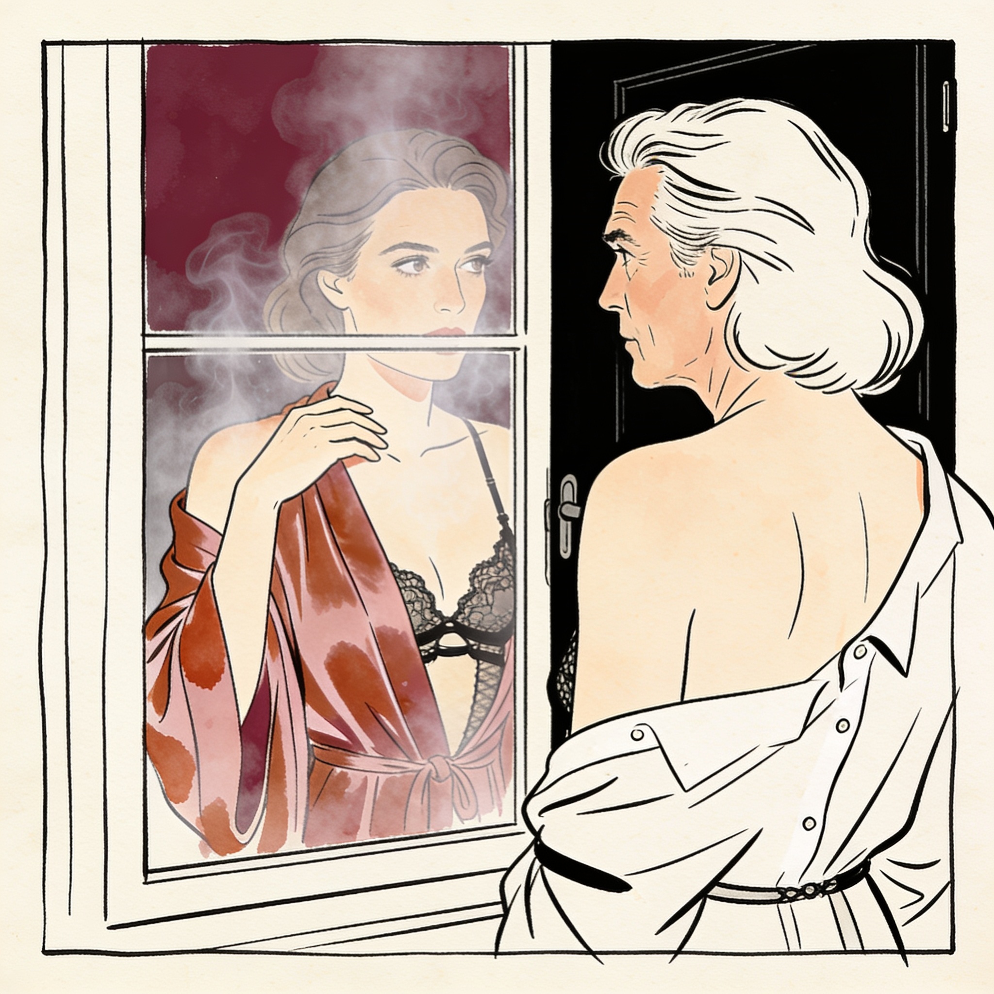 A man watches a woman in a silk robe from a doorway, their eyes meeting in a window's r...