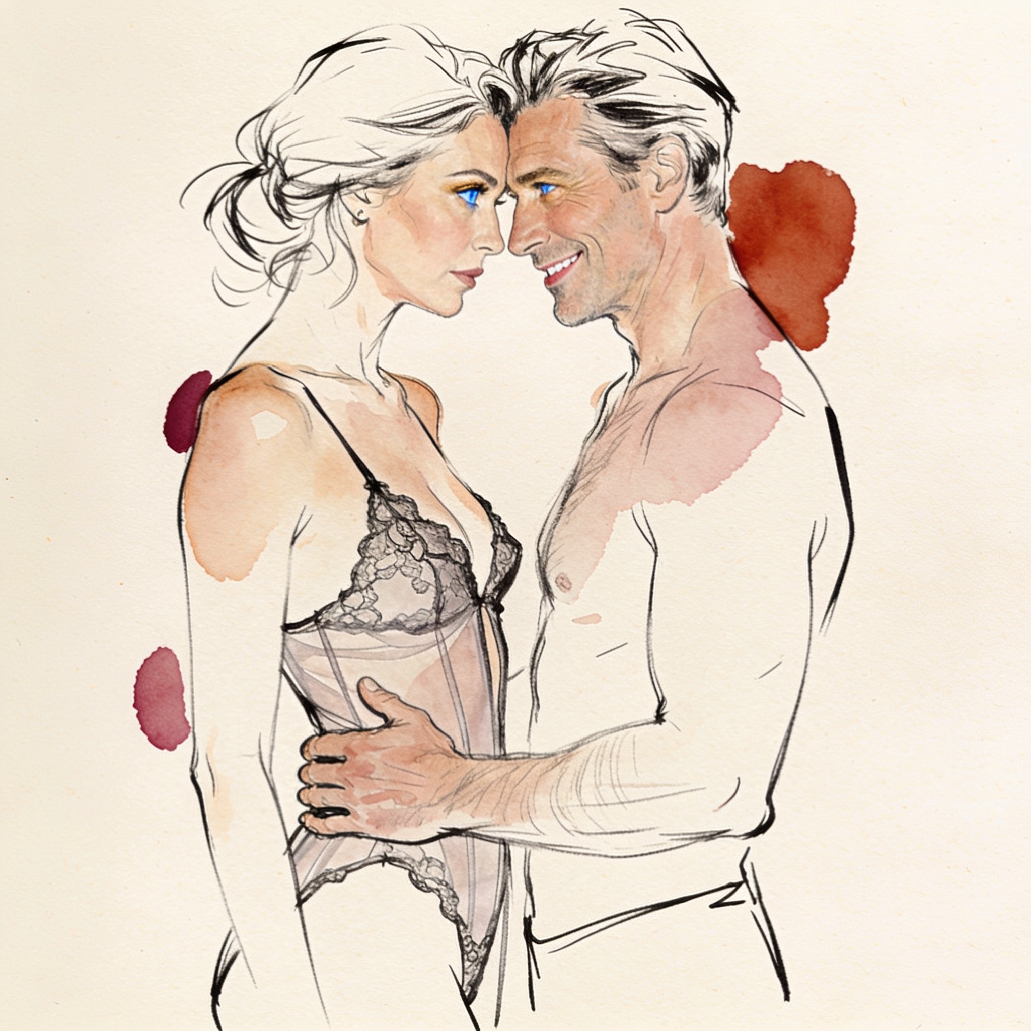 A man and a scaled-back woman in a slip share a charged, intimate gaze in a dark hall.
