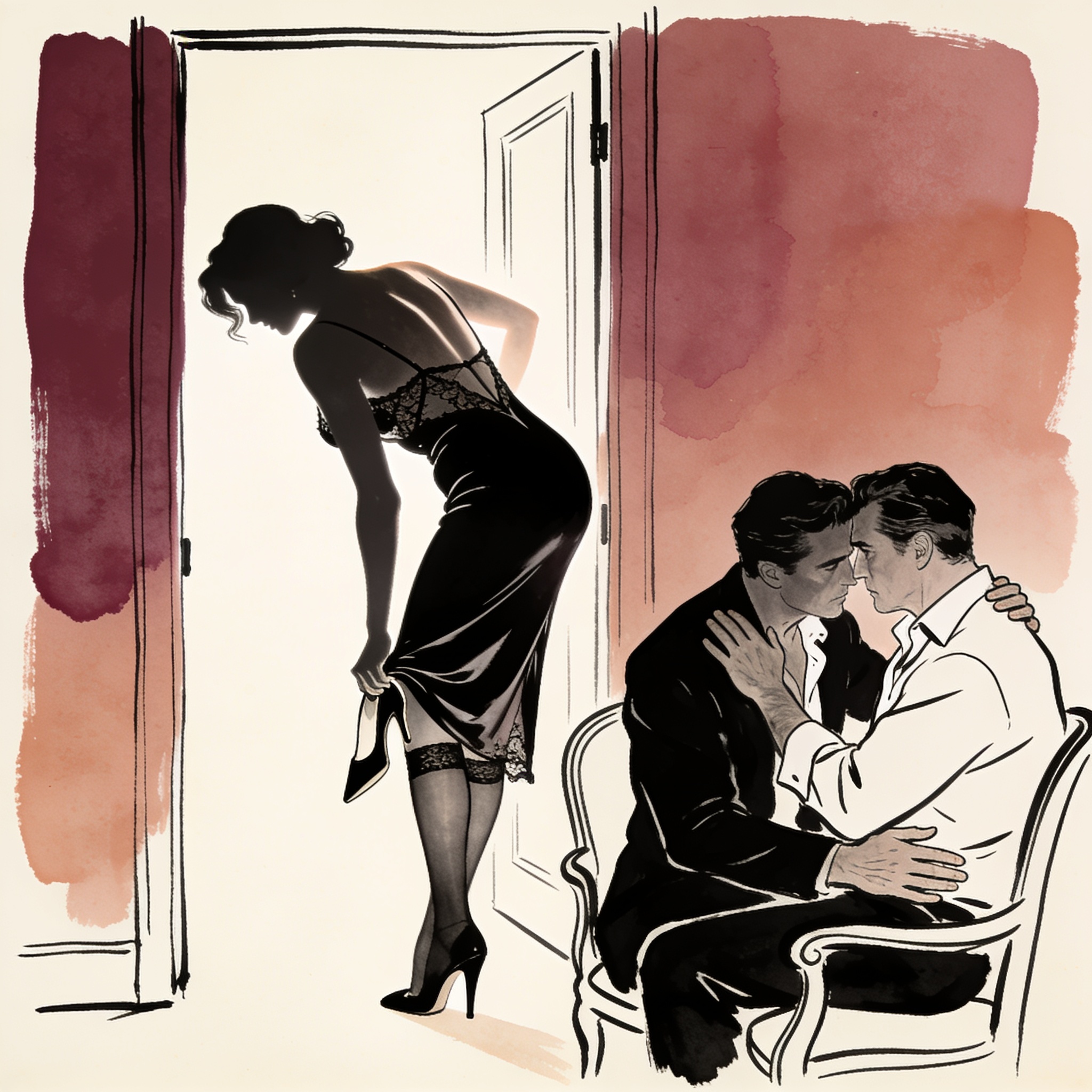 Silhouette of a woman in a doorway, backlit, bending to remove a high heel.