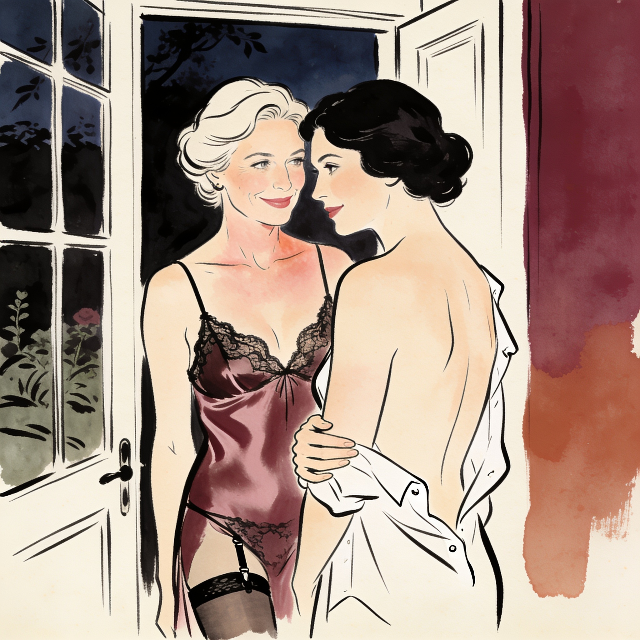 Two women share an intimate, knowing glance in a dusky doorway.