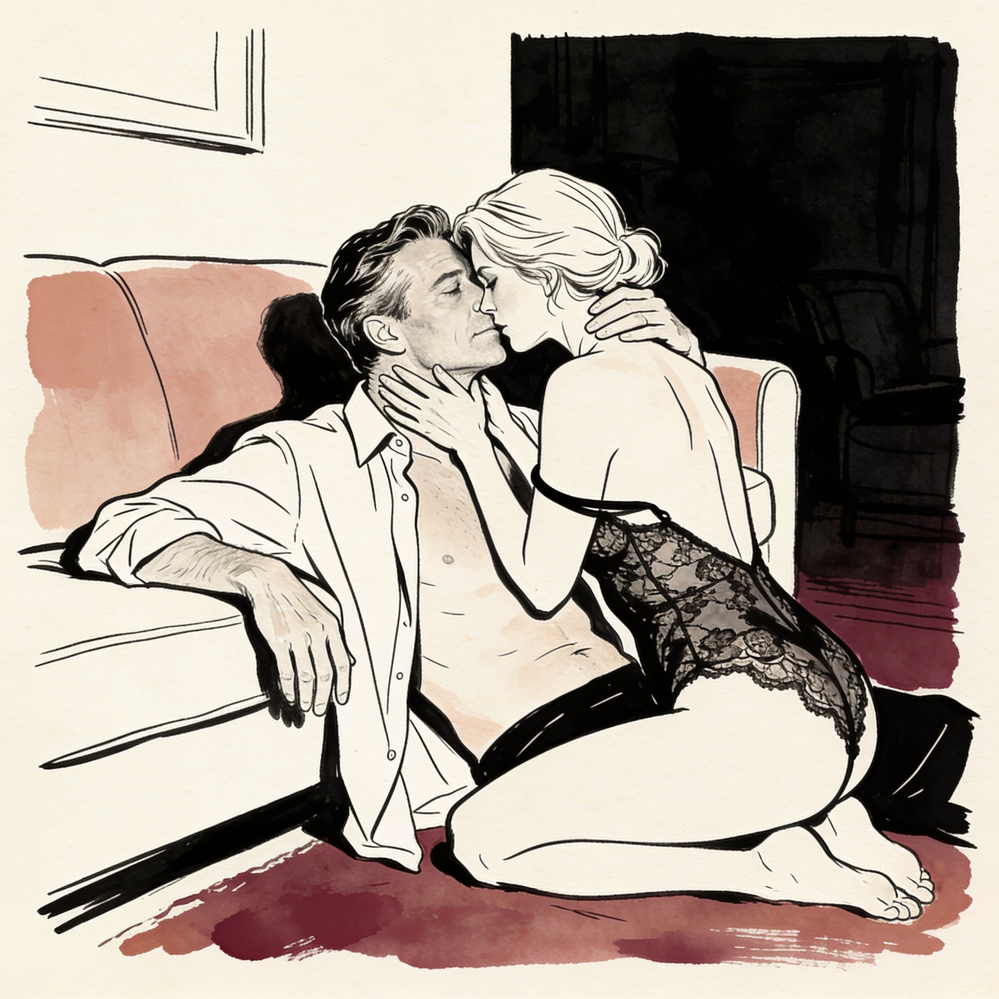 A couple in intimate attire shares a quiet, intense moment of connection in a dim room.