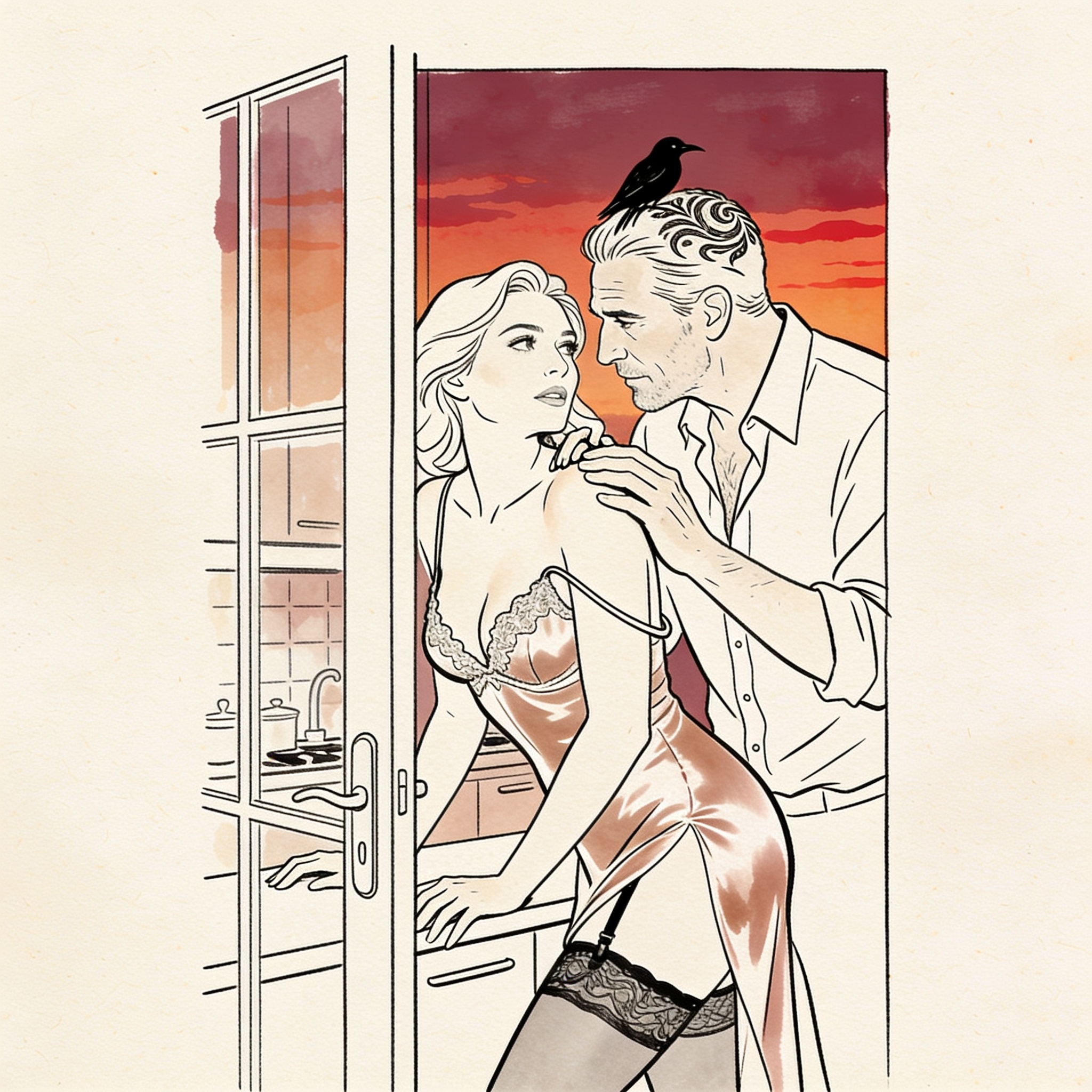 Man with tattooed scalp gazes at a woman through glass, her shoulder bare.