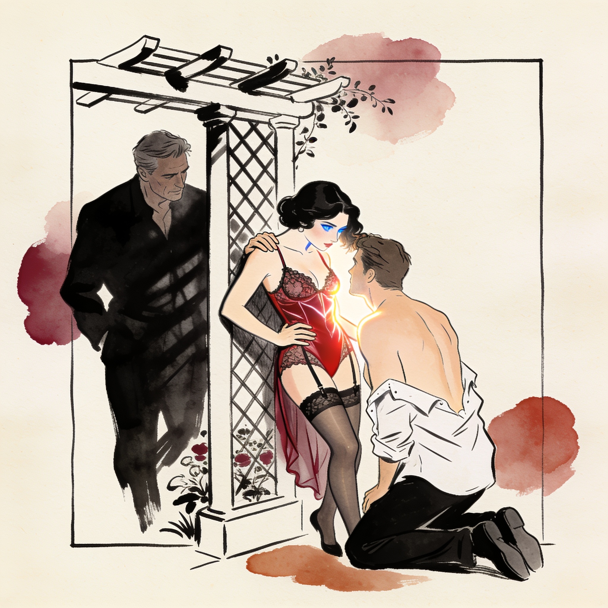 Woman in lace bodysuit leans against a pergola, looking back at a man watching from the...