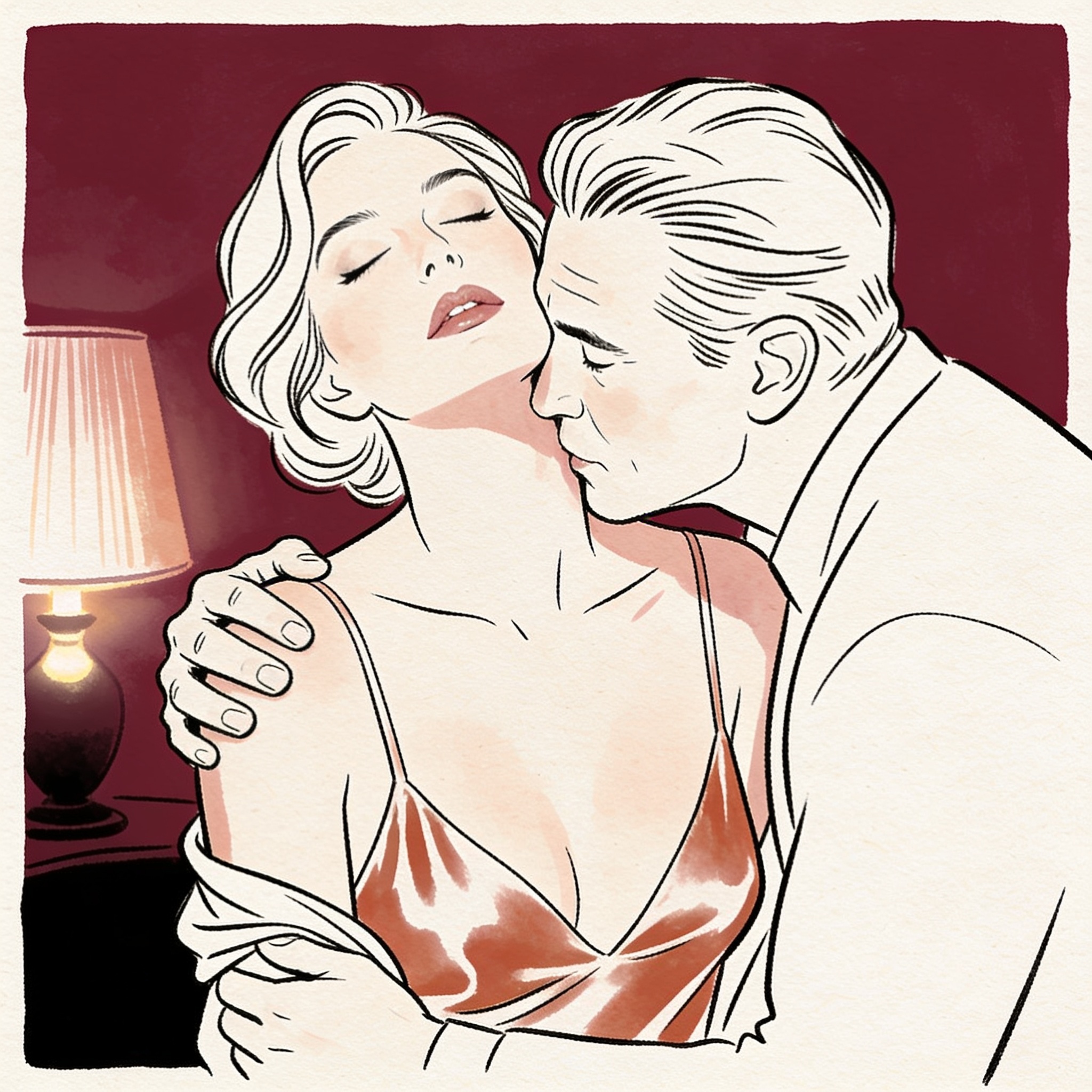 A man leans close to a woman's bare shoulder in a dimly lit bedroom.