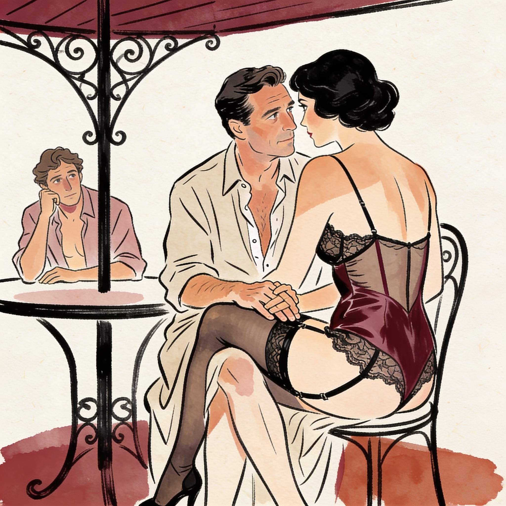A couple shares an intimate, inviting moment under a restaurant table as a stranger obs...