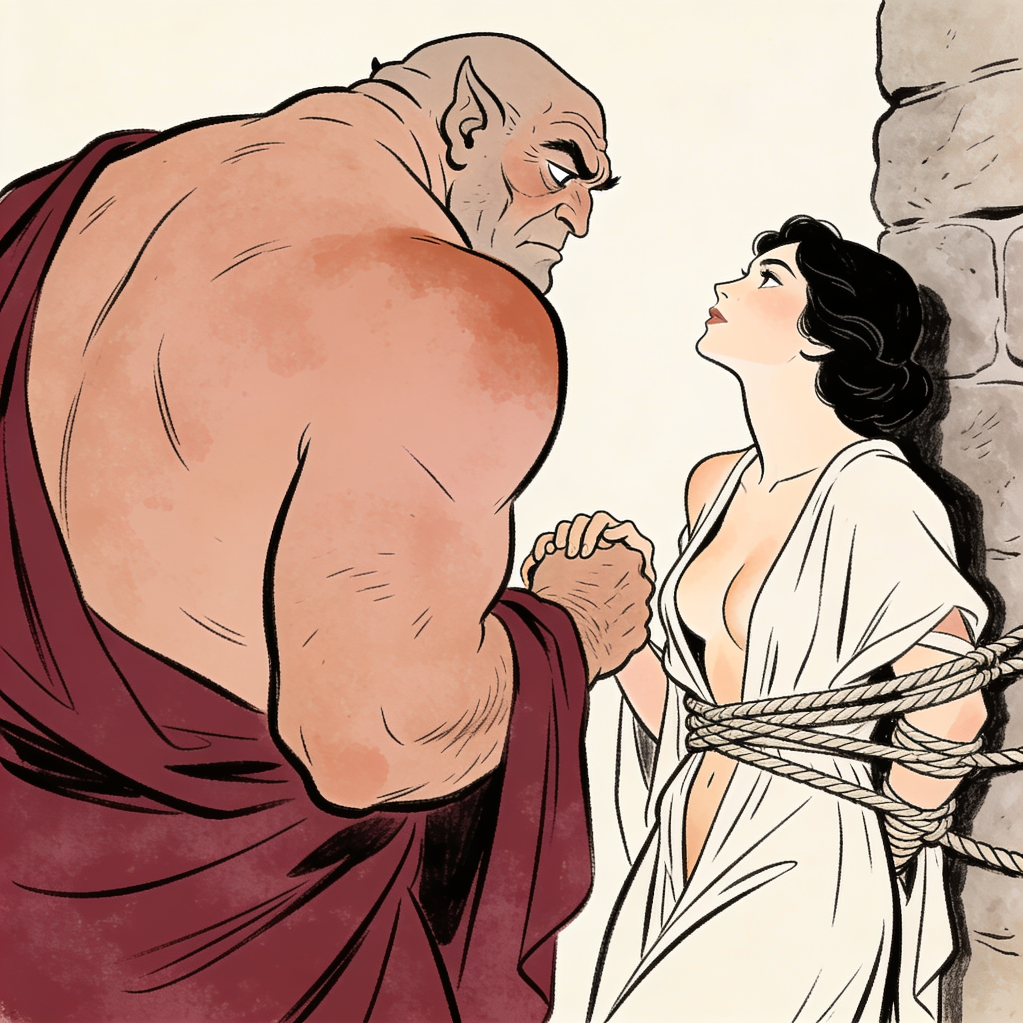 A bound couple looks up at a massive ogre in a dim, glowing cavern.