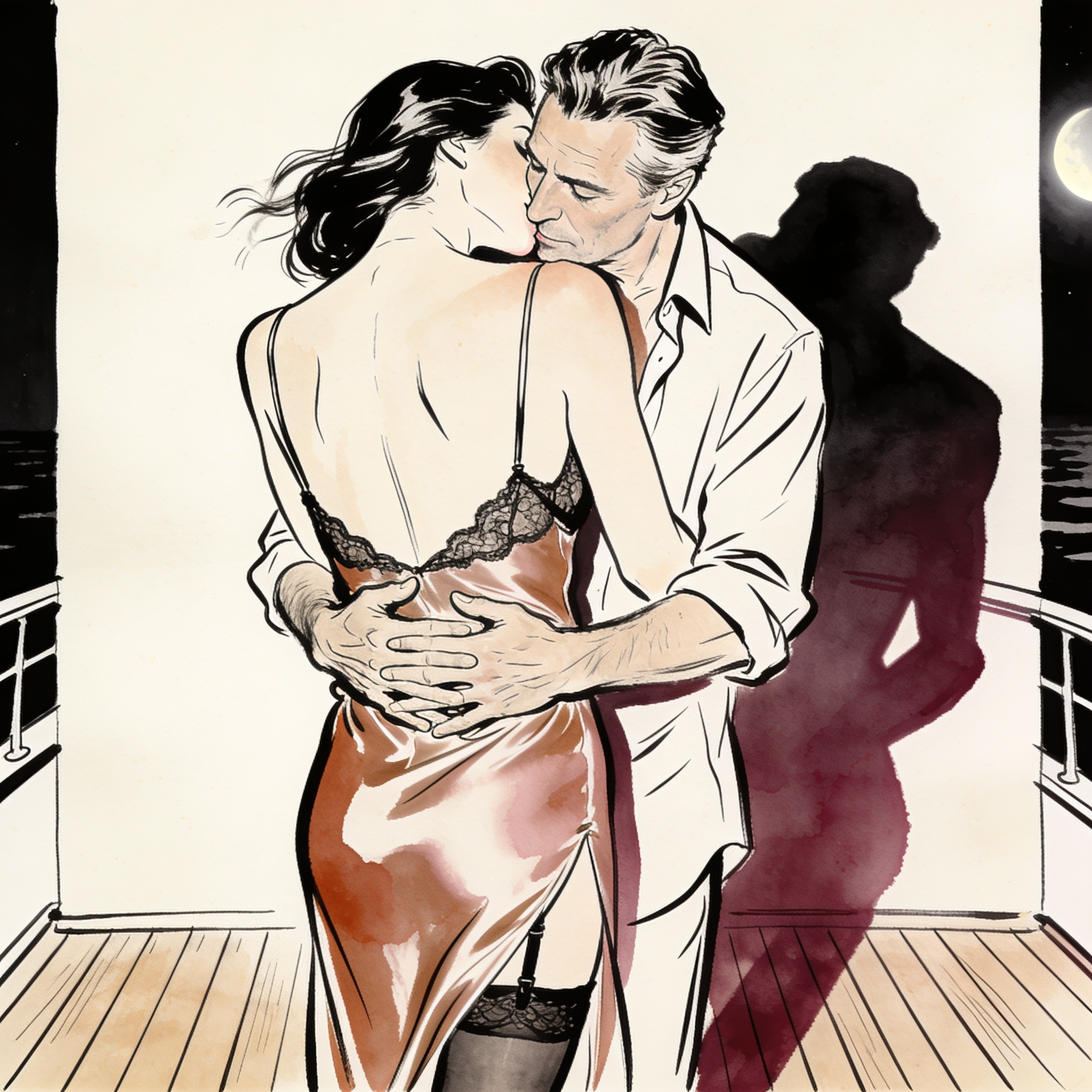 Couple embraces on moonlit yacht deck, his lips near her bare shoulder.