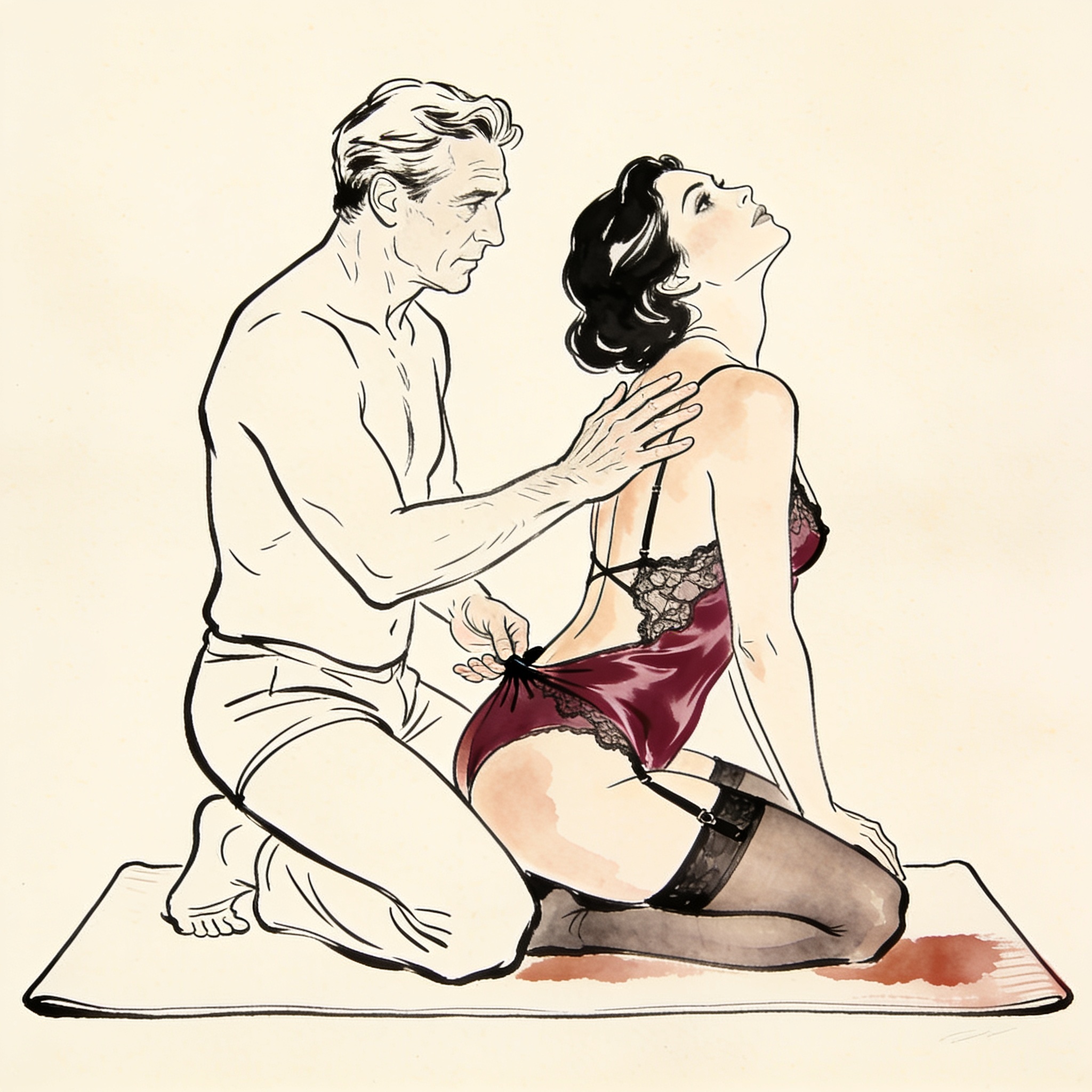 A personal trainer's charged moment with a client on a yoga mat, hands near lace camisole.