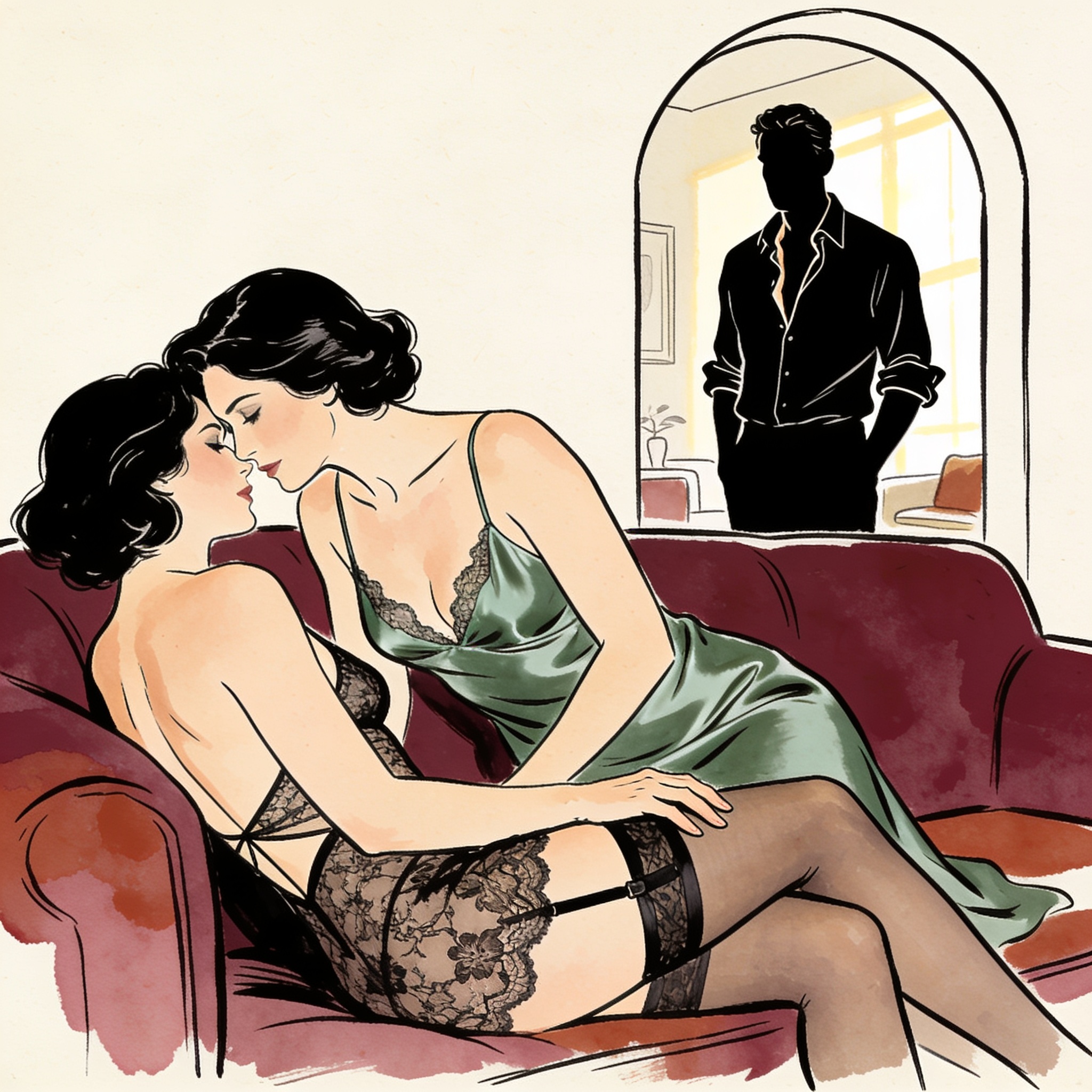Two women intimately close on a couch, a man watches from a sunlit doorway.