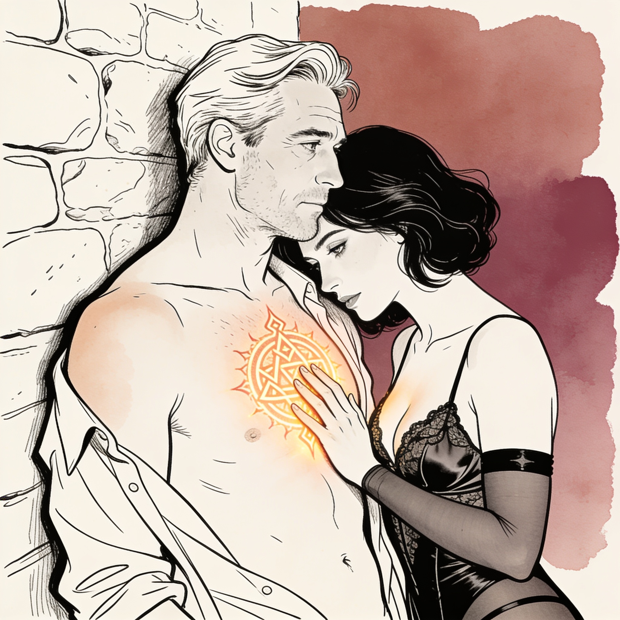A man with glowing tattoos leans against a wall, a woman's forehead on his shoulder, he...