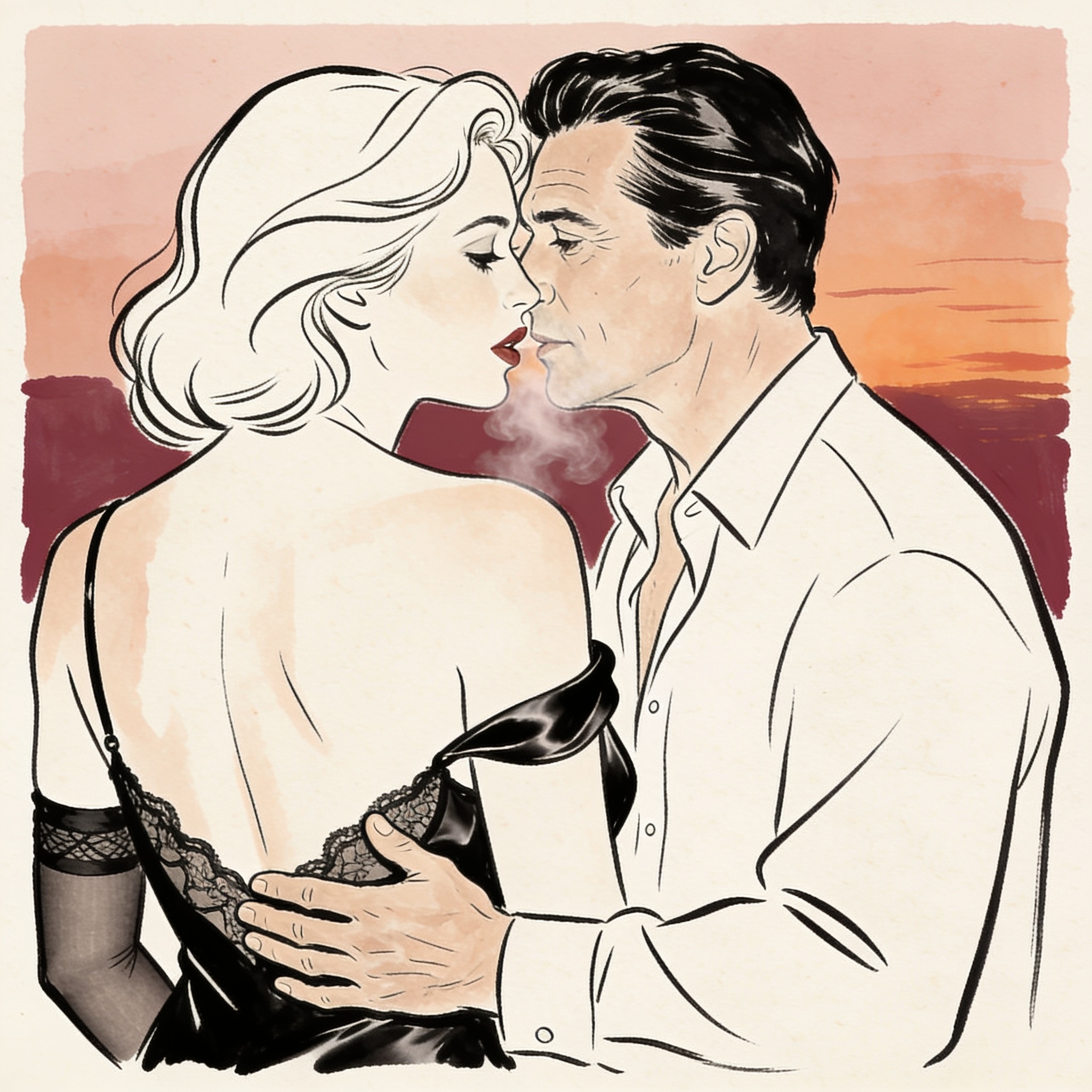 A sensual line drawing of two women almost kissing as a man's hand touches one's back.