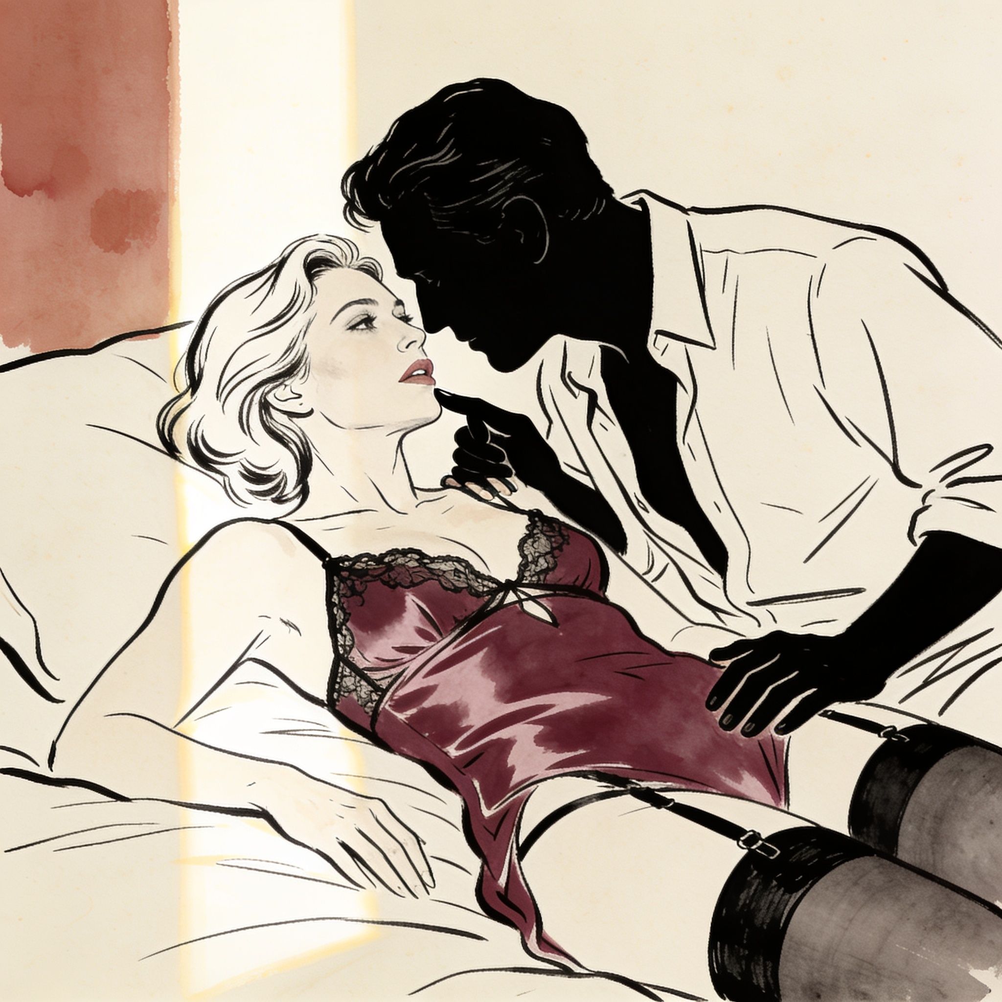 Line art of a woman feigning sleep as a man's hand almost touches her face in the dark.