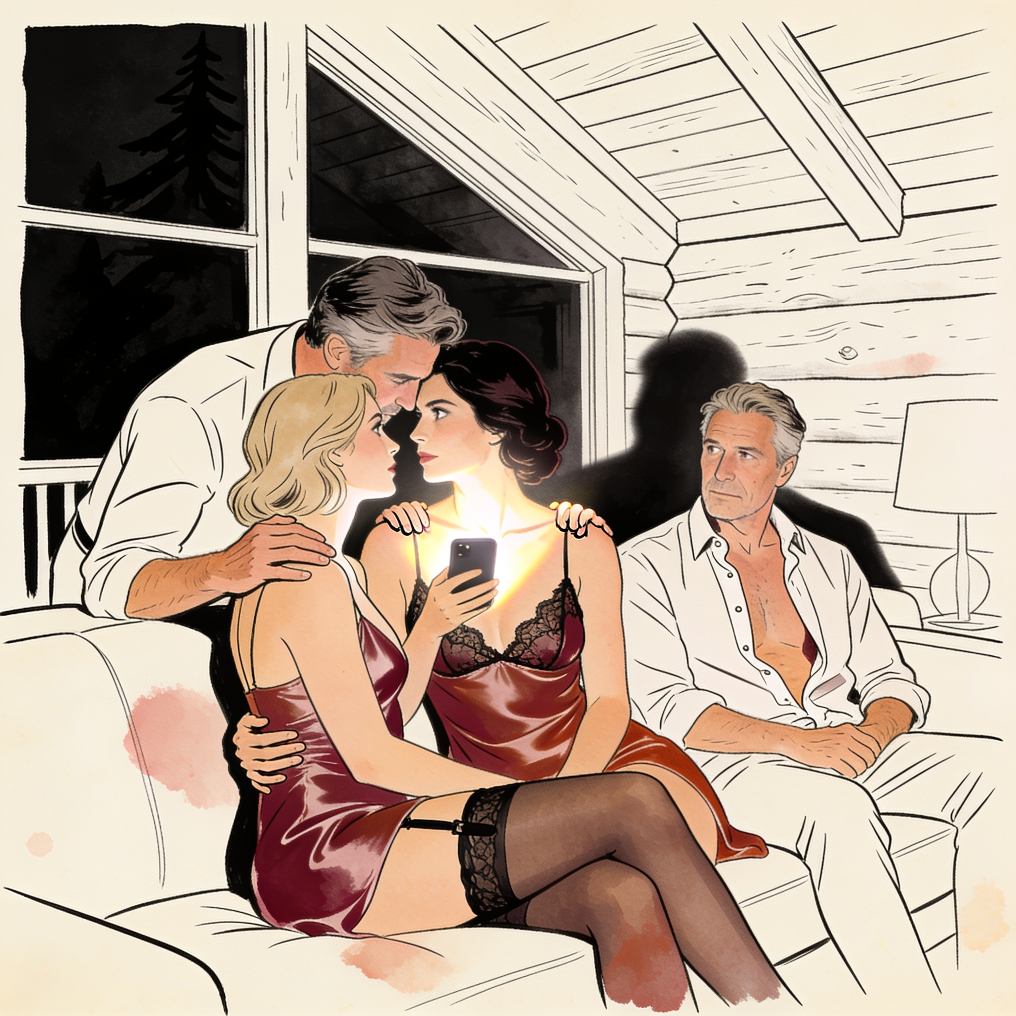 Two friends share a charged gaze, illuminated by a phone, while another watches from ne...
