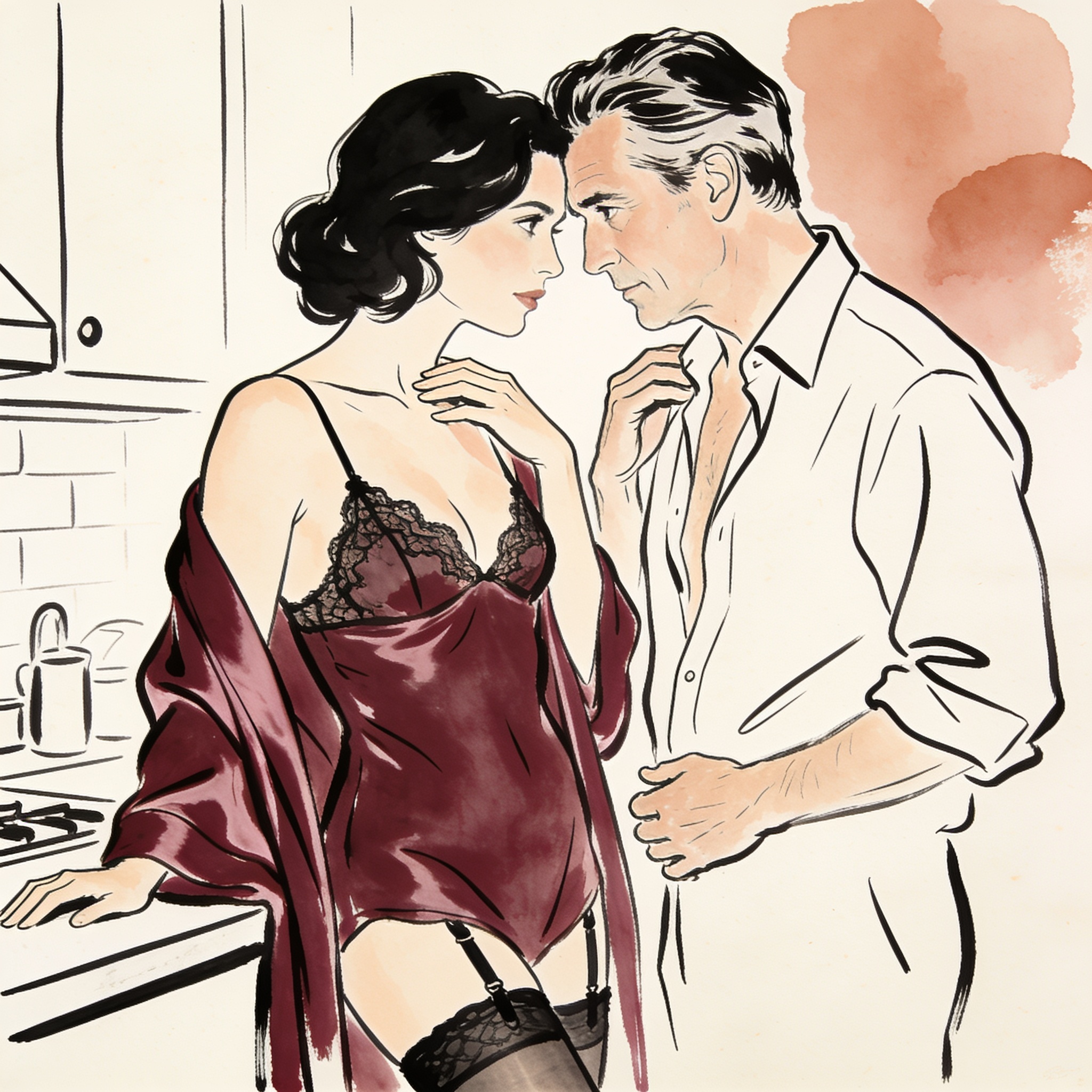 A woman in a silk robe with one shoulder exposed stands in a modern kitchen, looking lo...