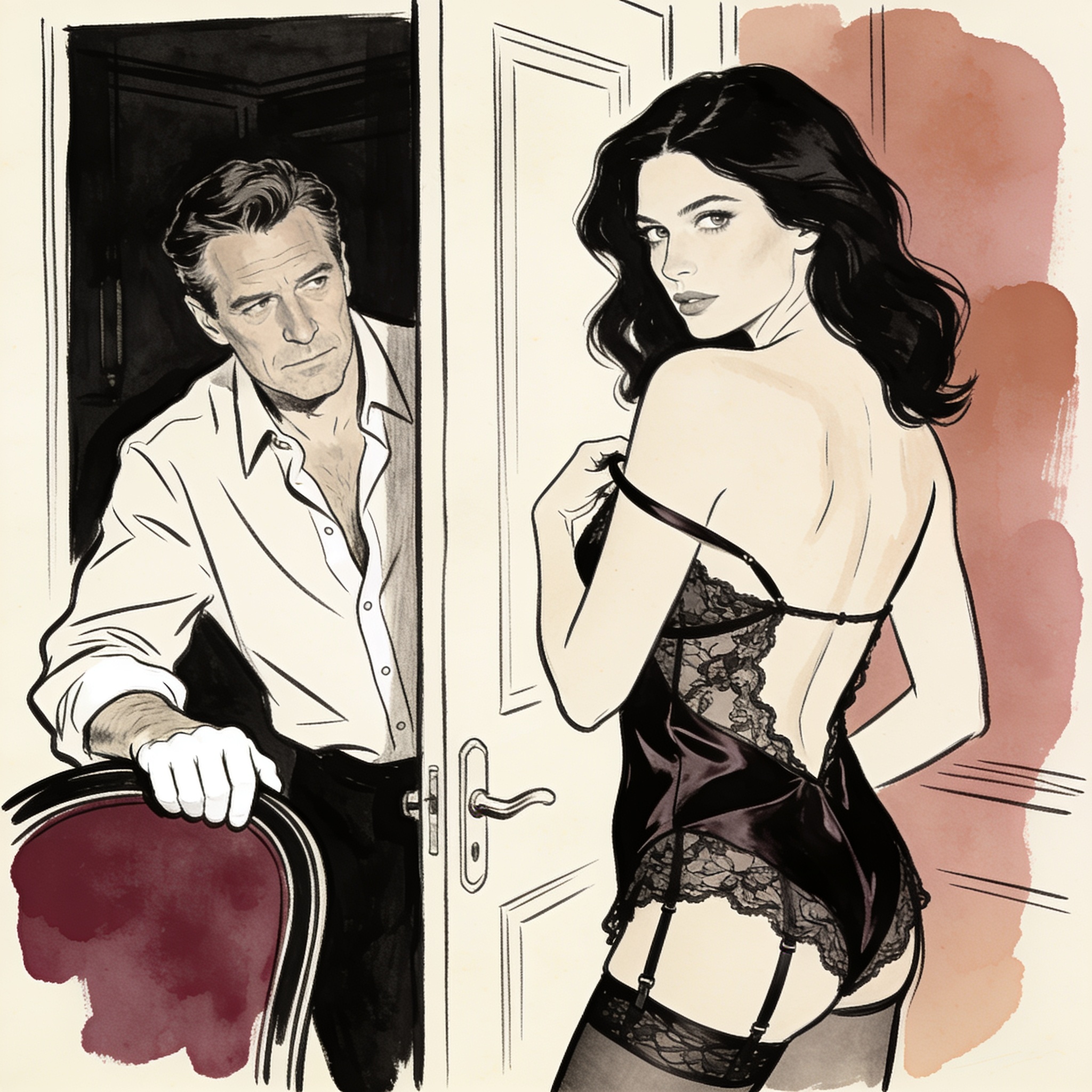 A man watches a woman let her lingerie strap fall, her eyes locked on his.
