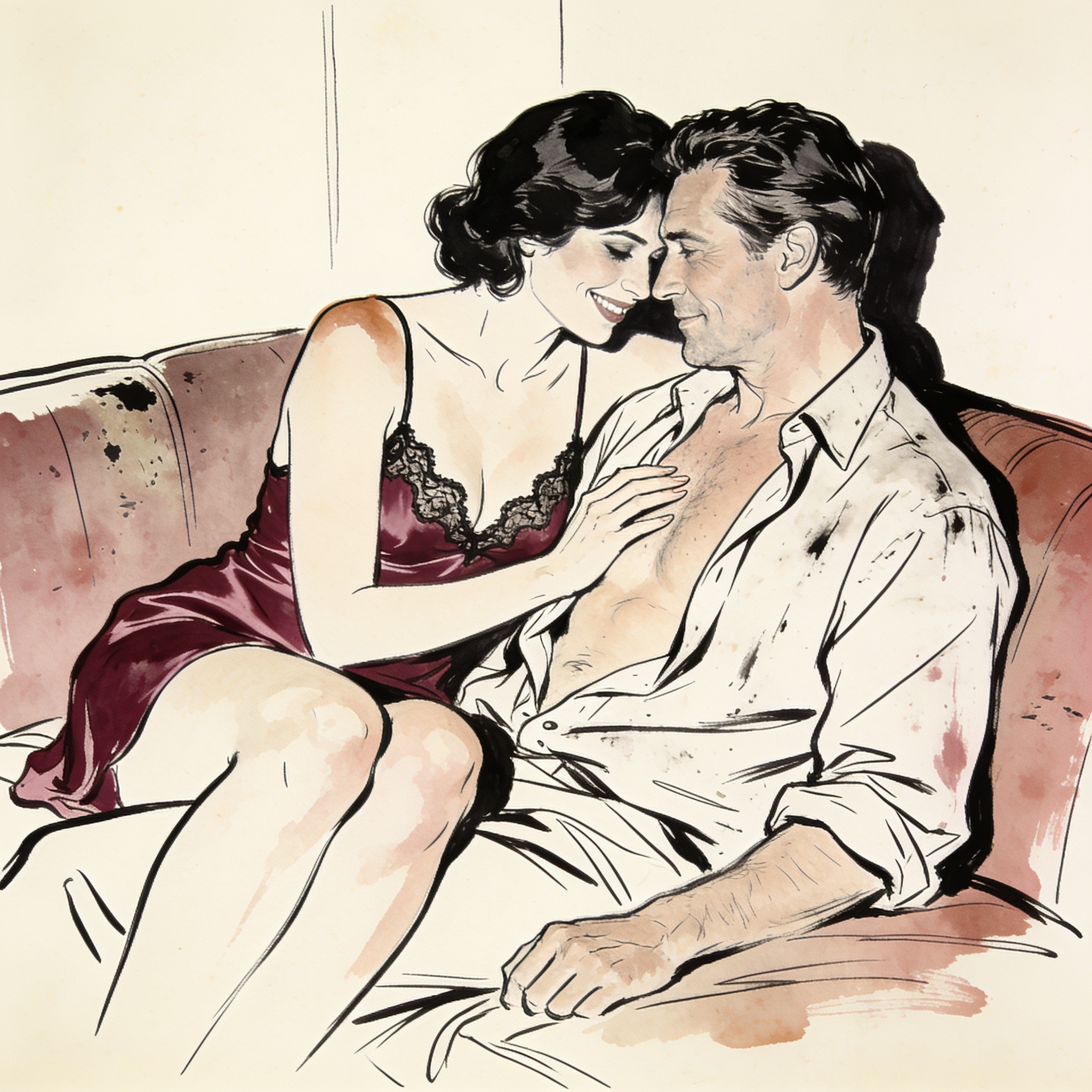 Couple sharing an intimate, charged moment on a sofa at a party.