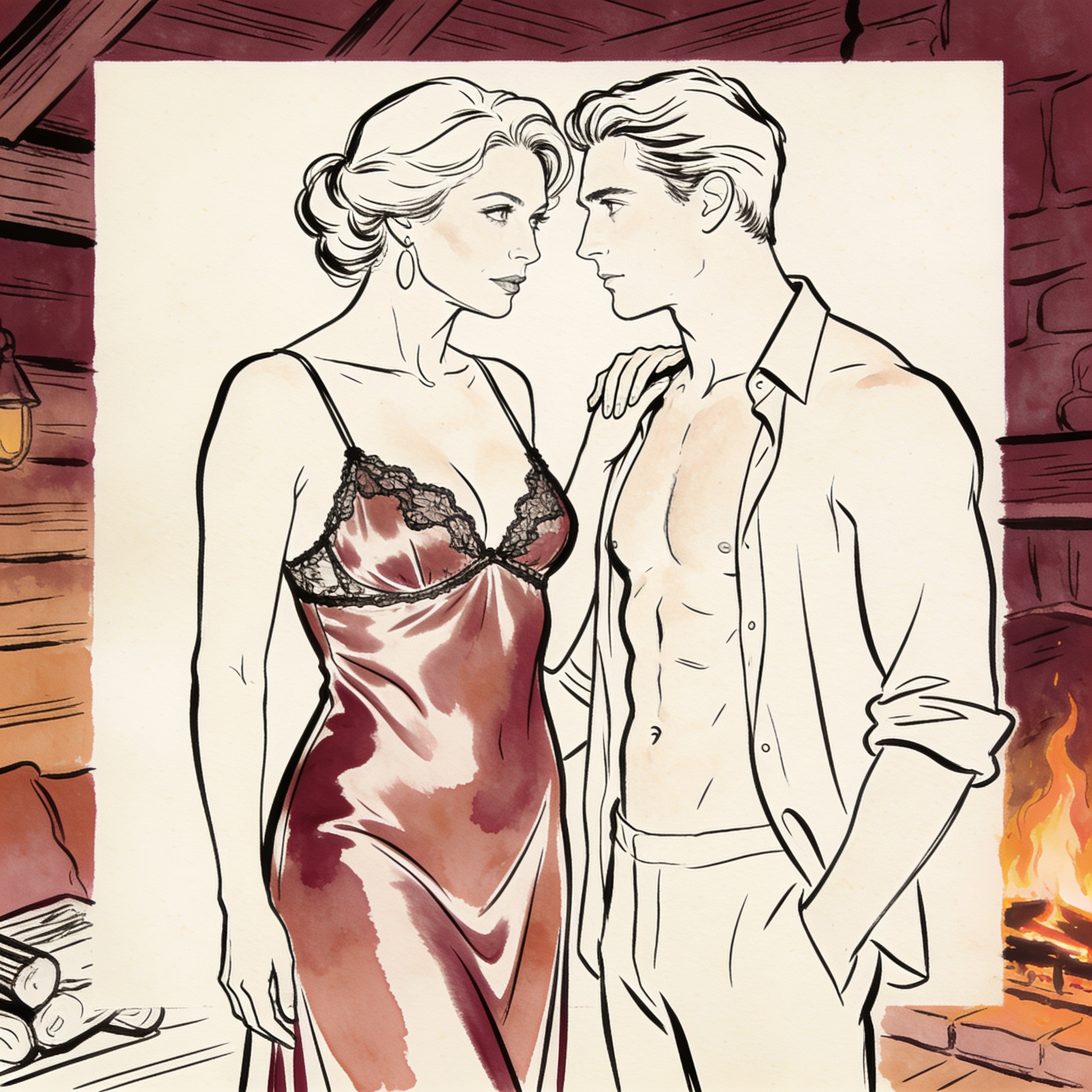 A woman in a silk slip touches a young man's shoulder, her gaze intense under warm fire...