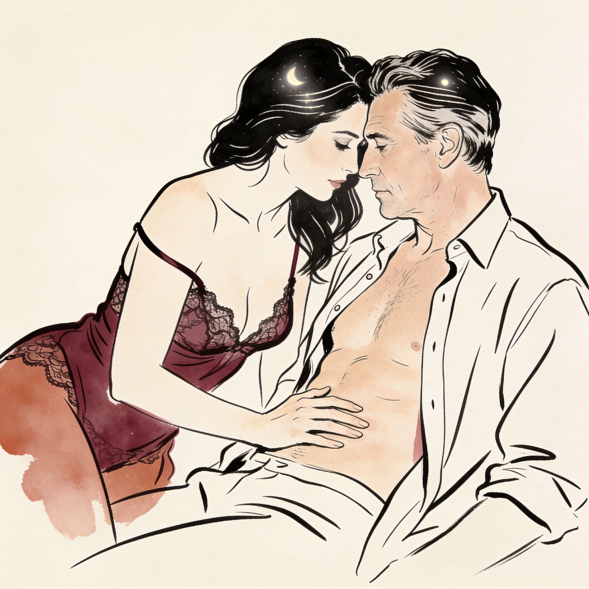 A wife touches her injured husband's bare stomach in a moonlit bedroom, their faces close.