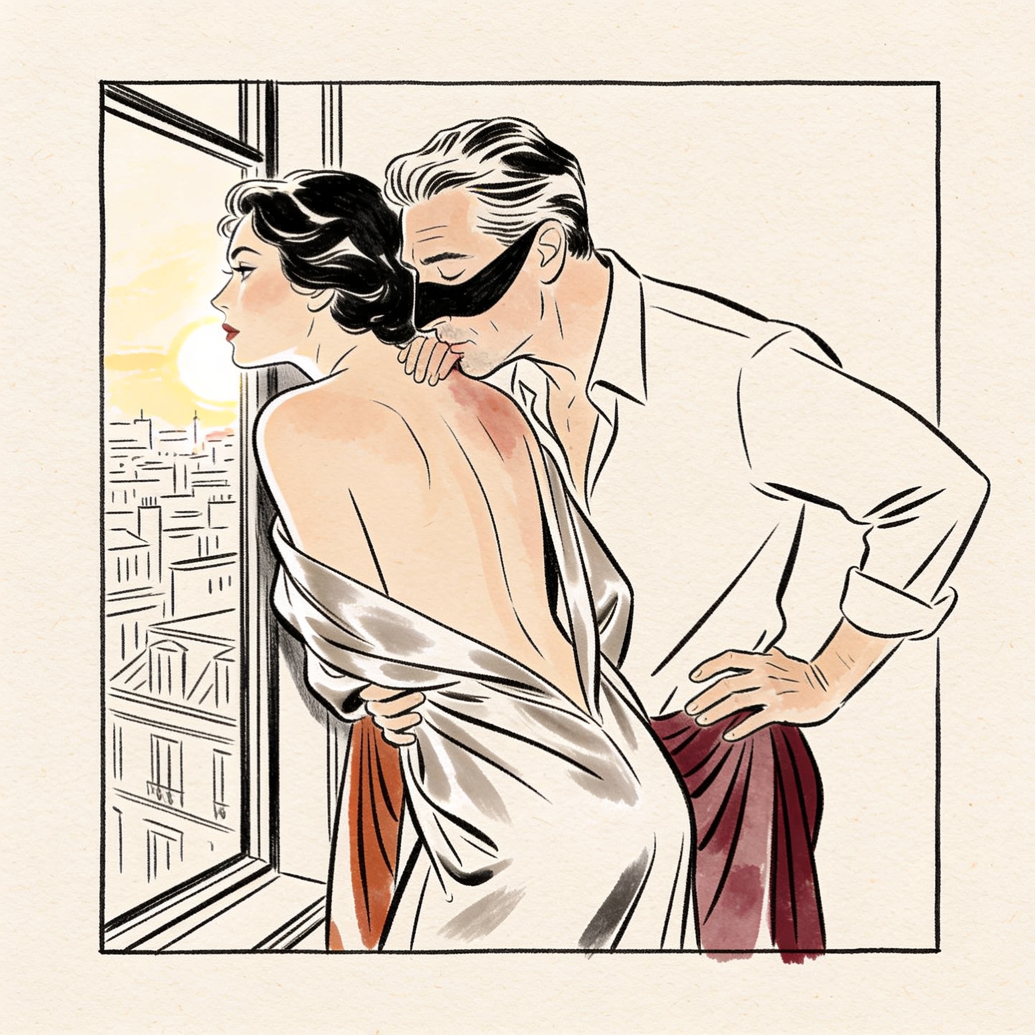 Couple in hotel room; he kisses her bare shoulder as she gazes out the window, lost in ...