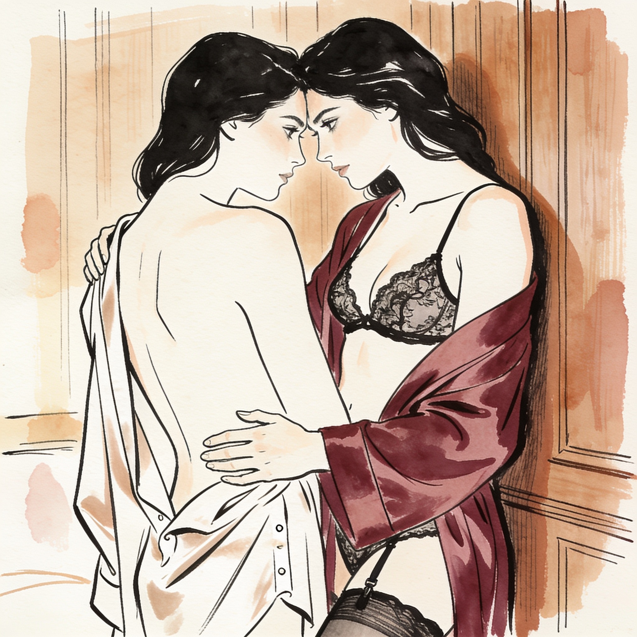 Two women intimately close, one in lace lingerie, their faces inches apart with intense...