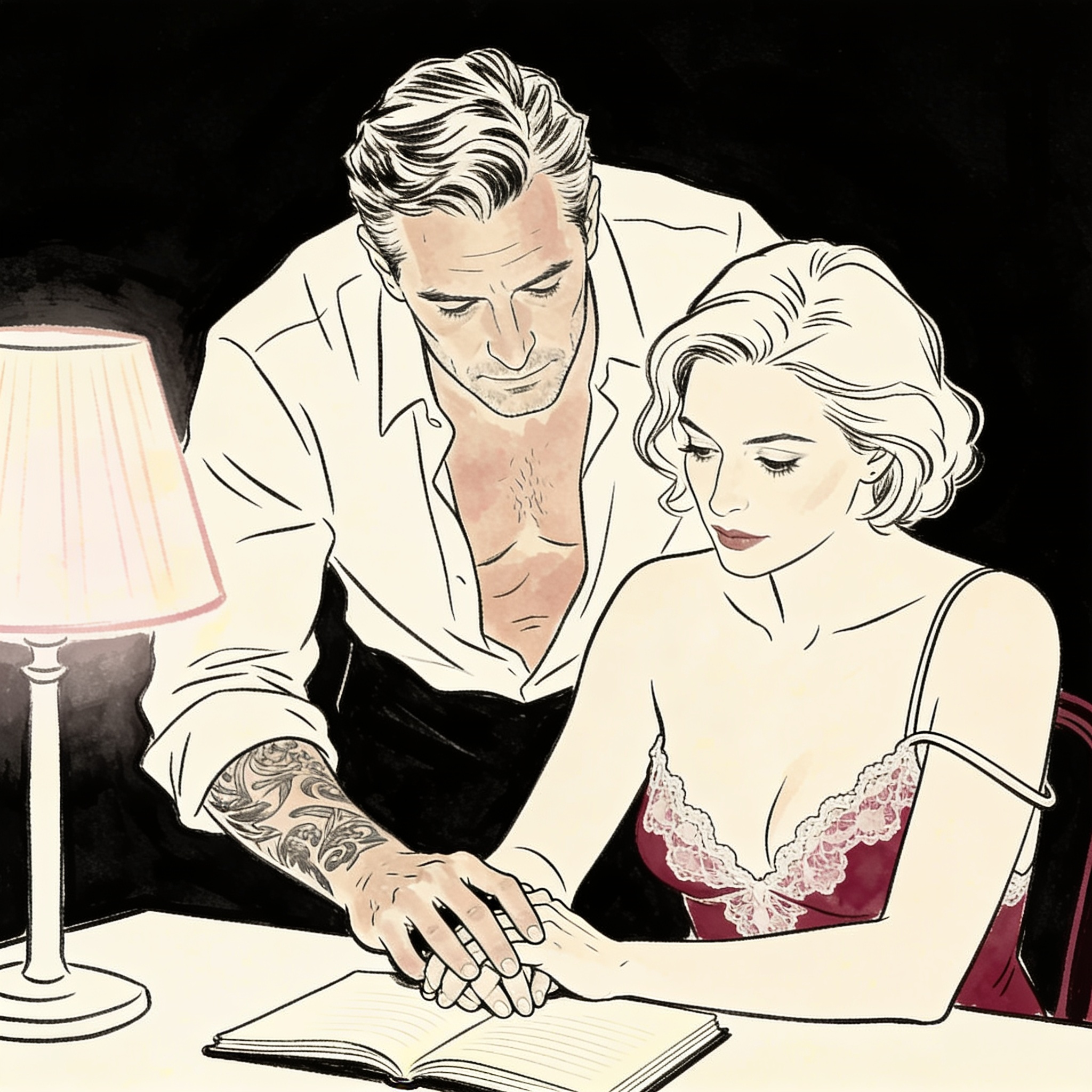 A man's hand pins a woman's to a notebook on a desk, his shirt open, her camisole strap...